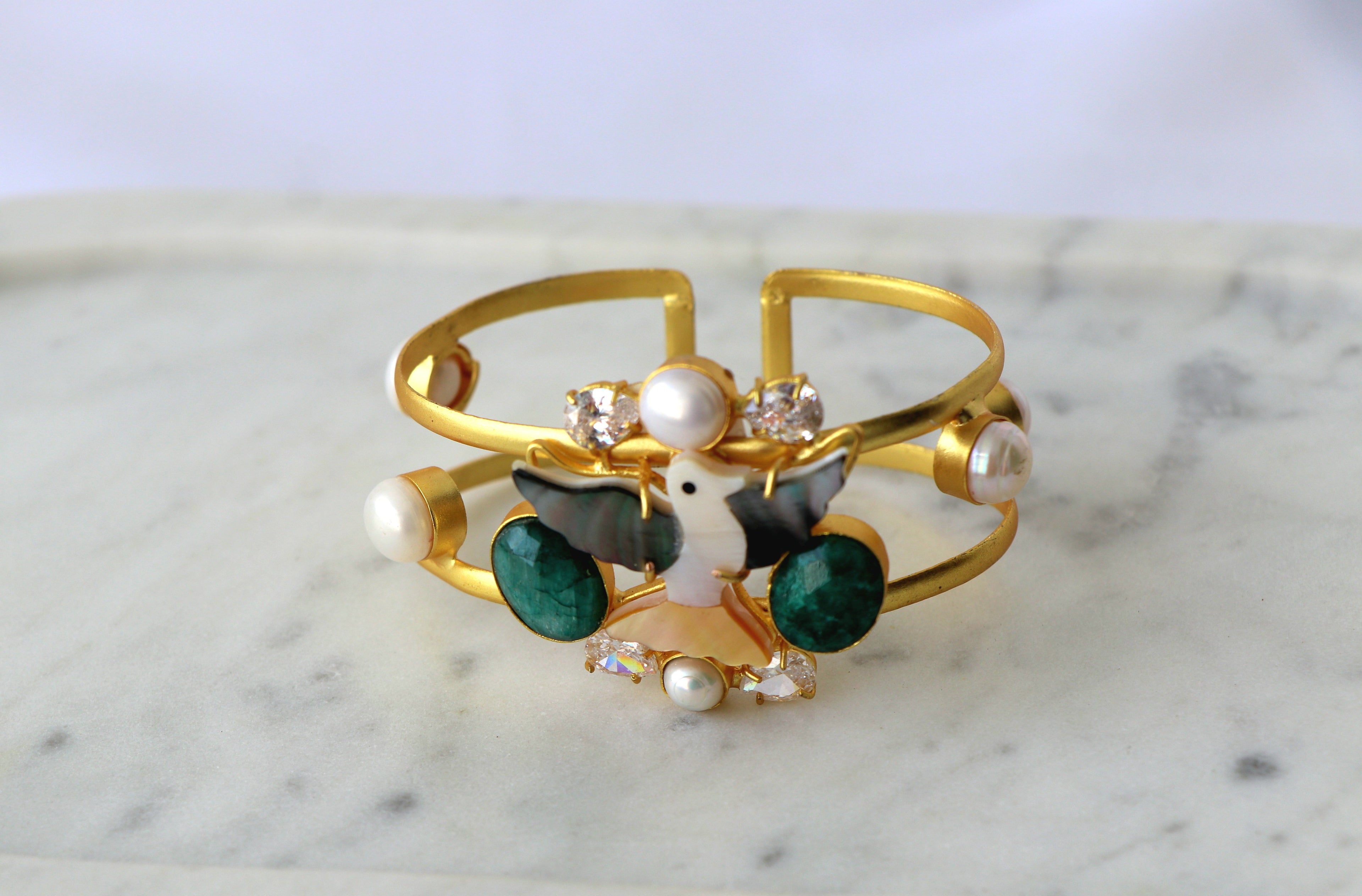 Emerald Gemstone Dove Cuff Bracelet