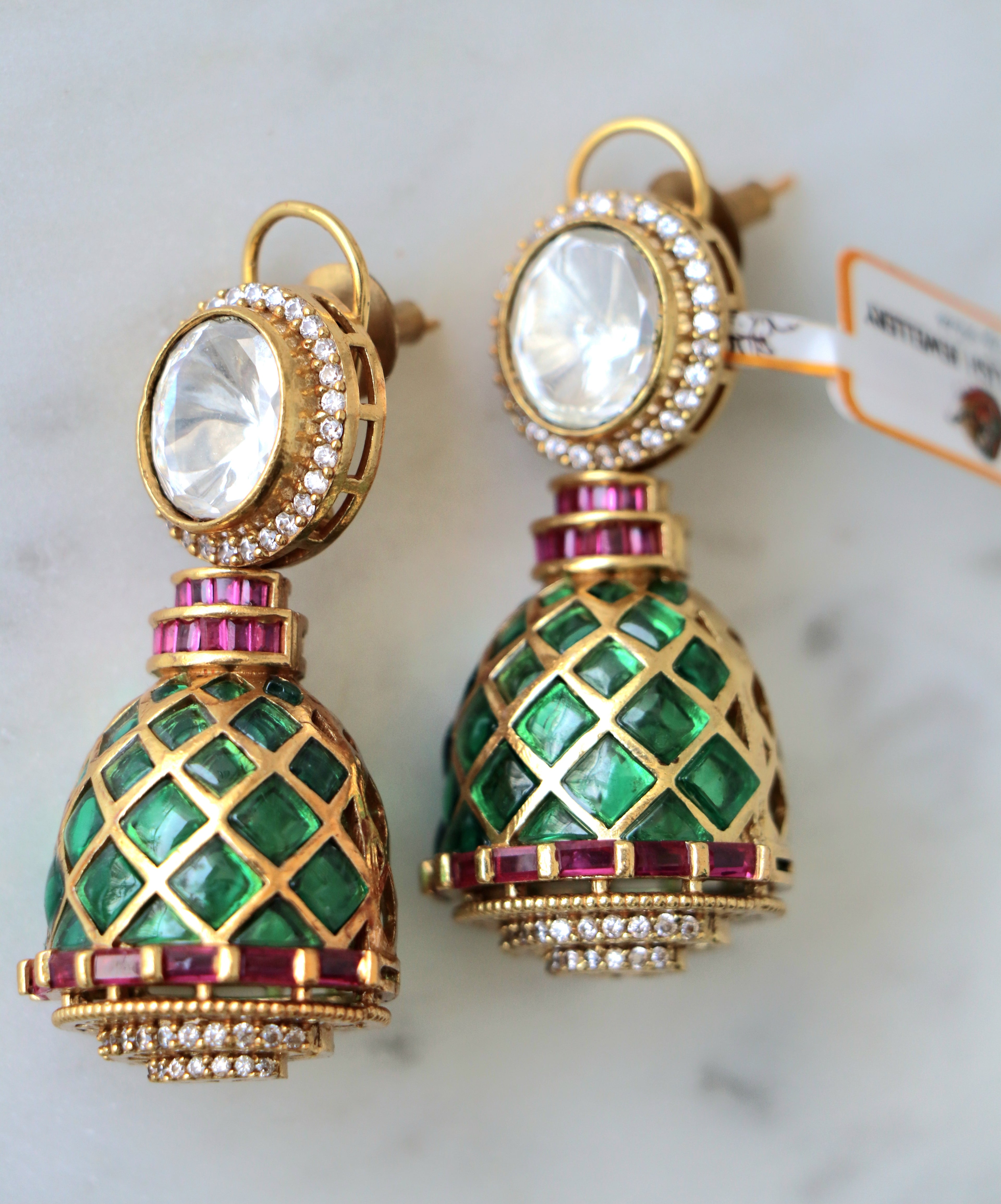 Meenakari Emerald Grid Regal Earrings