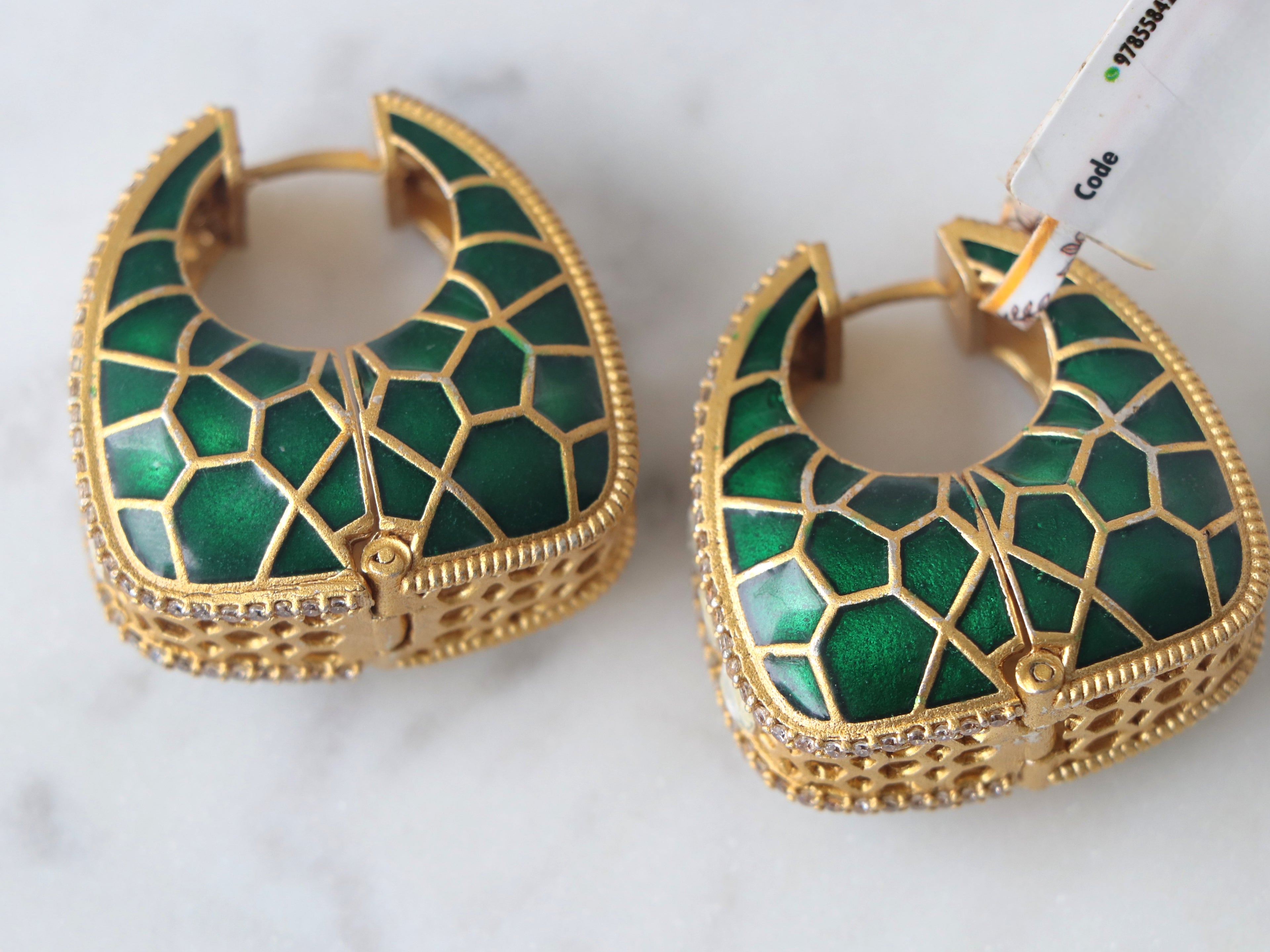 Emerald Honeycomb Pearl Hoop Earrings