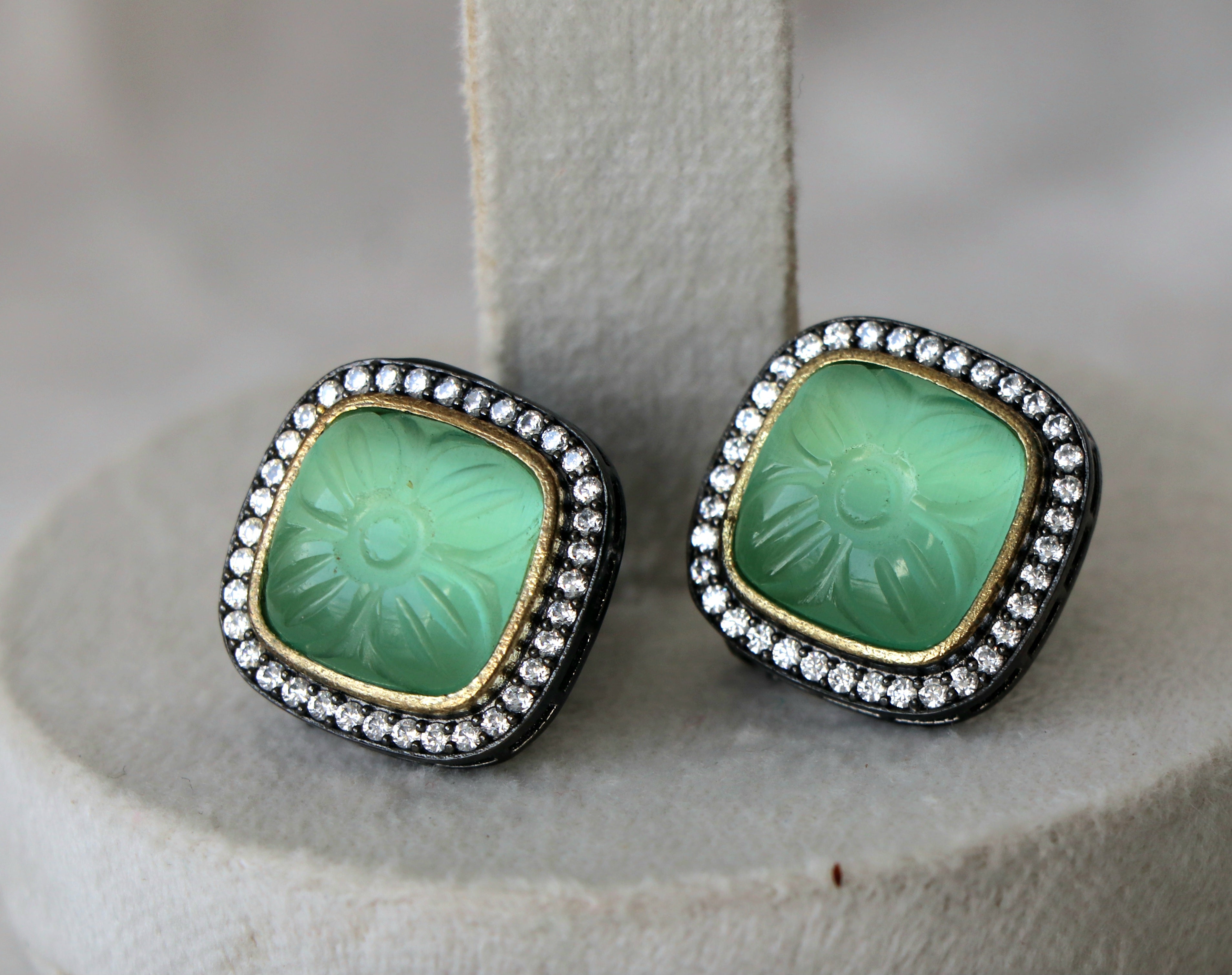 Emerald Lotus Carved Stud Earrings