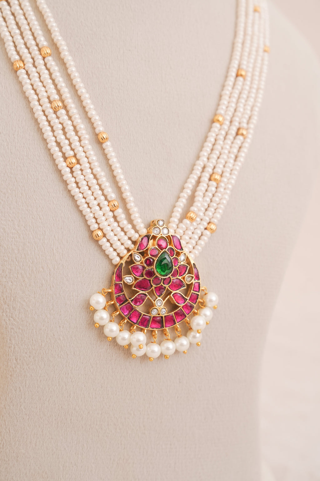 Rajwadi jadau Kundan Pearl Multistrand Necklace Set