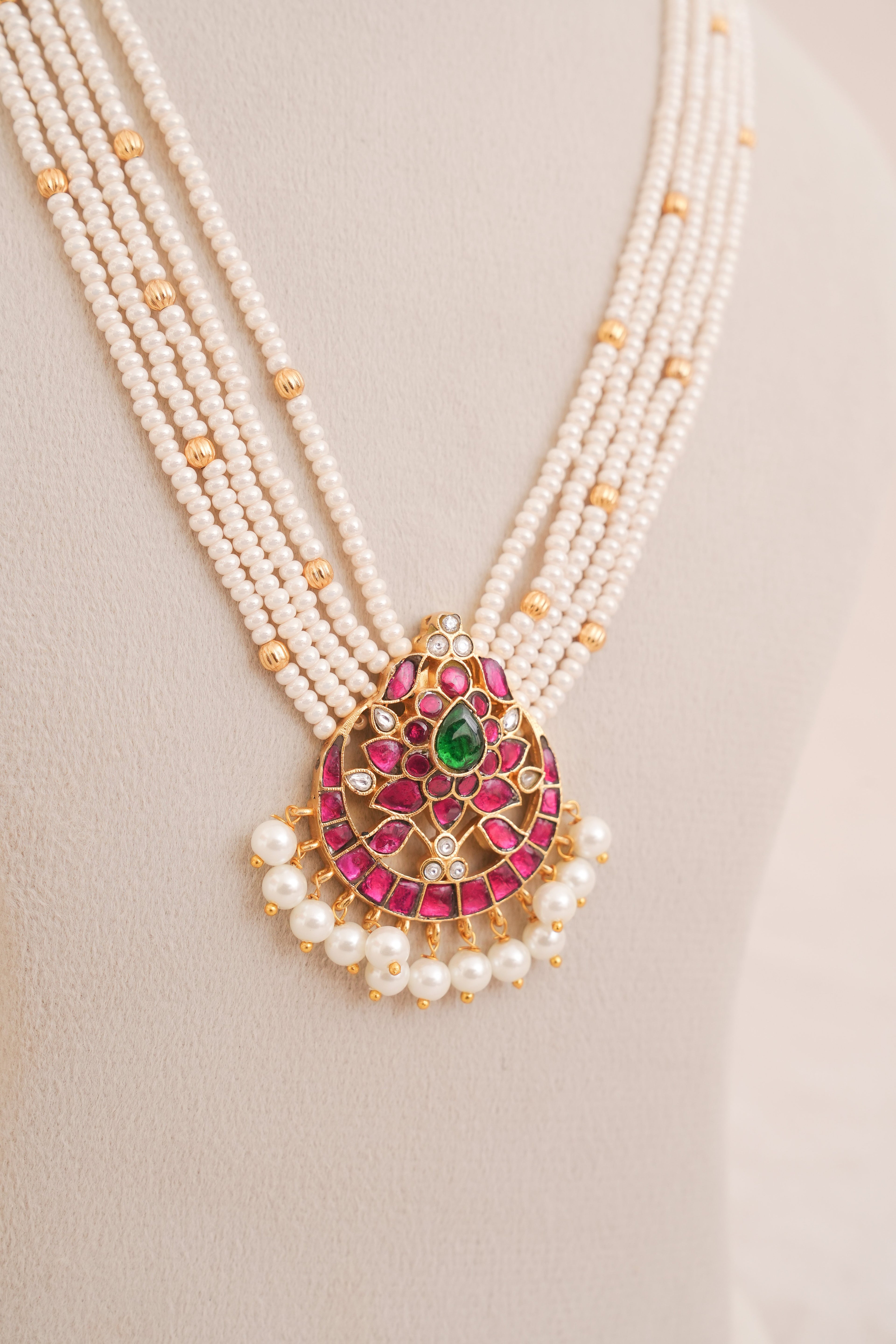Rajwadi jadau Kundan Pearl Multistrand Necklace Set