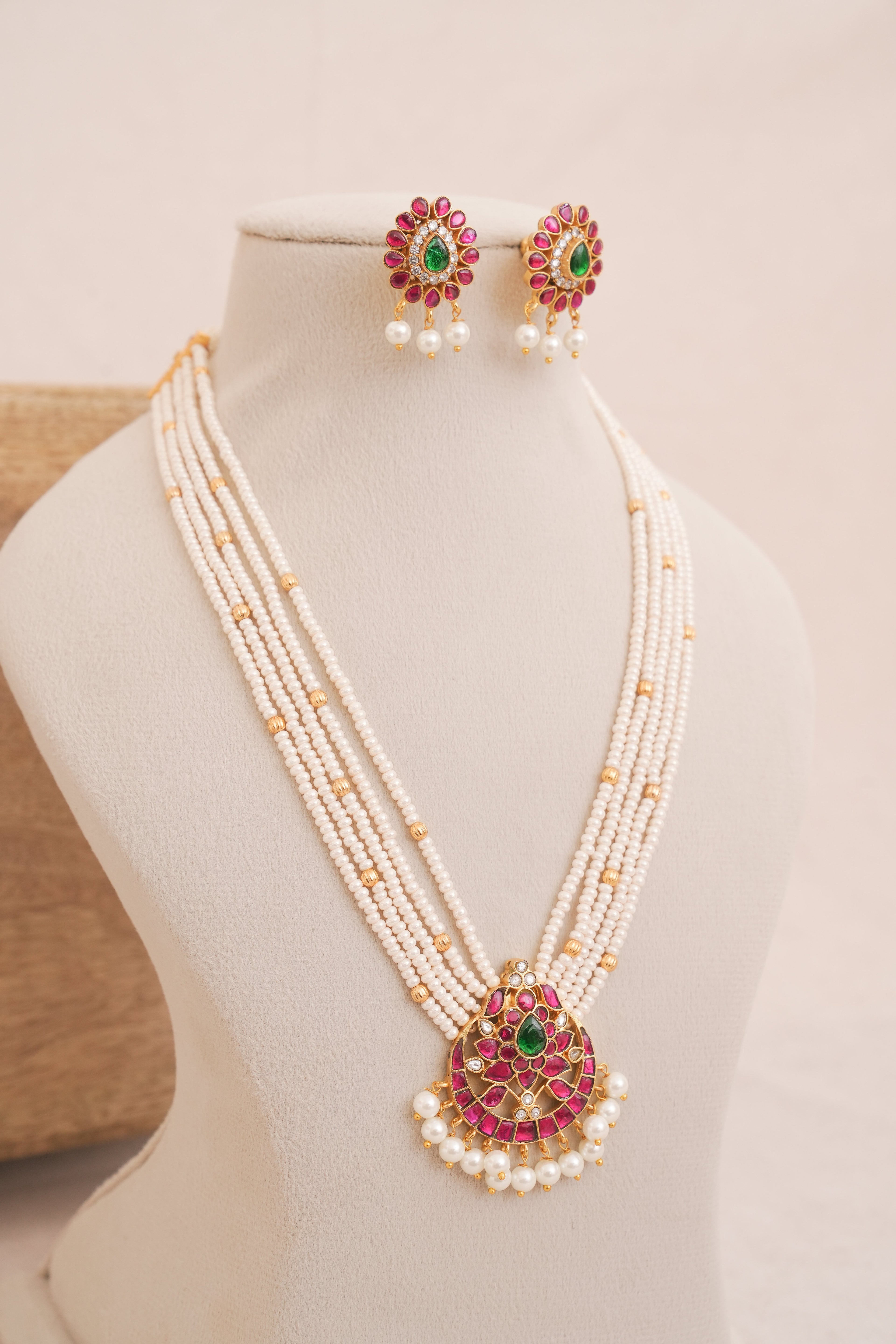 Rajwadi jadau Kundan Pearl Multistrand Necklace Set