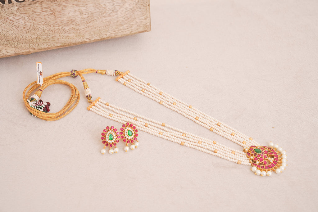 Rajwadi jadau Kundan Pearl Multistrand Necklace Set