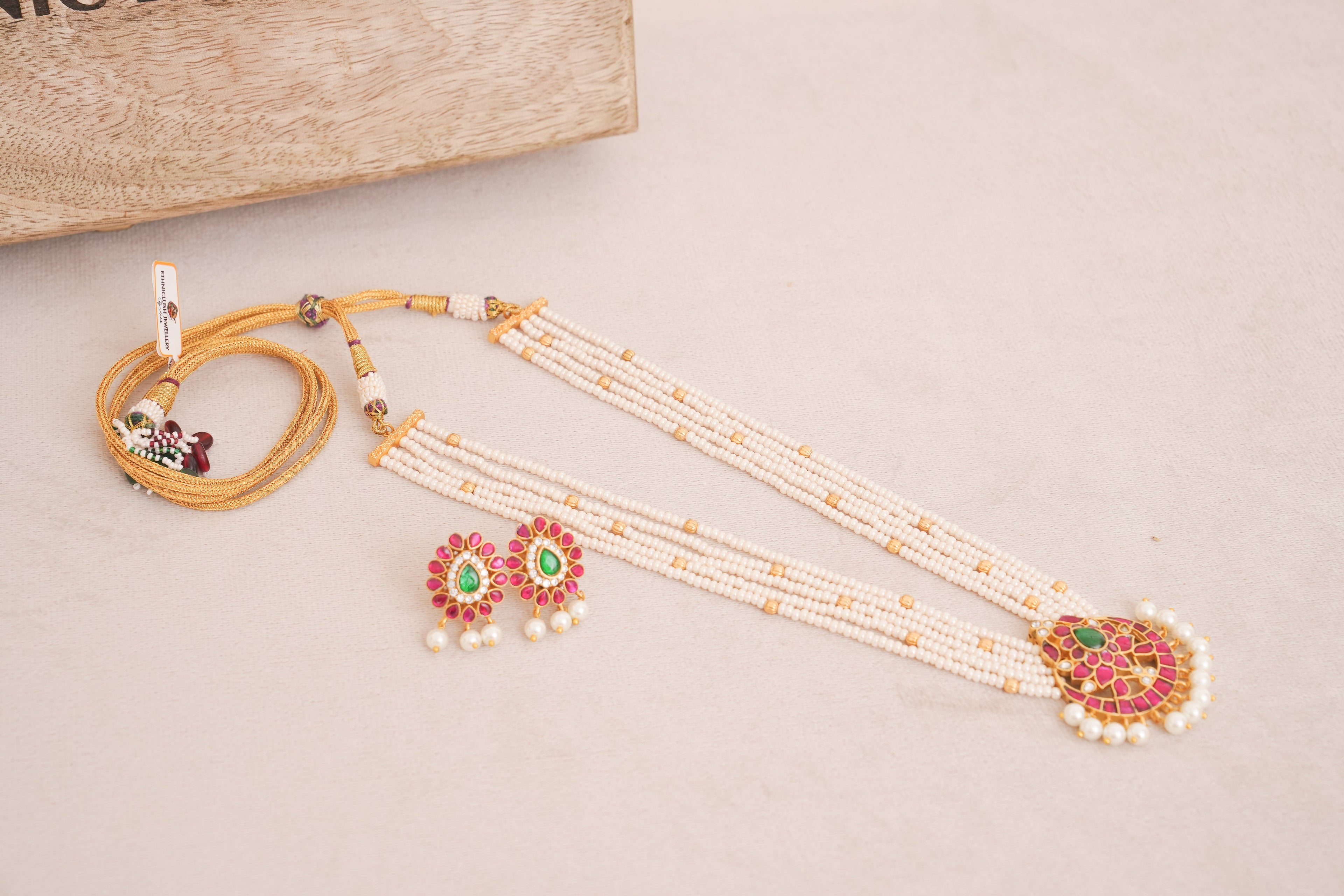 Rajwadi jadau Kundan Pearl Multistrand Necklace Set