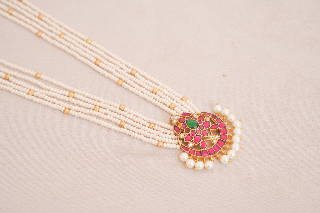 Rajwadi jadau Kundan Pearl Multistrand Necklace Set