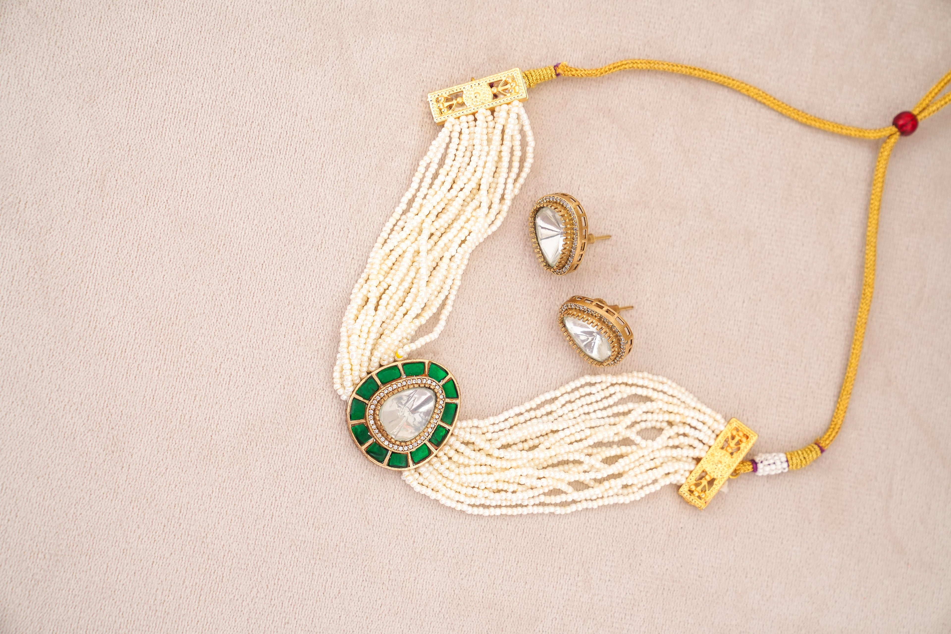Emerald Moonstone Pearl Choker Set