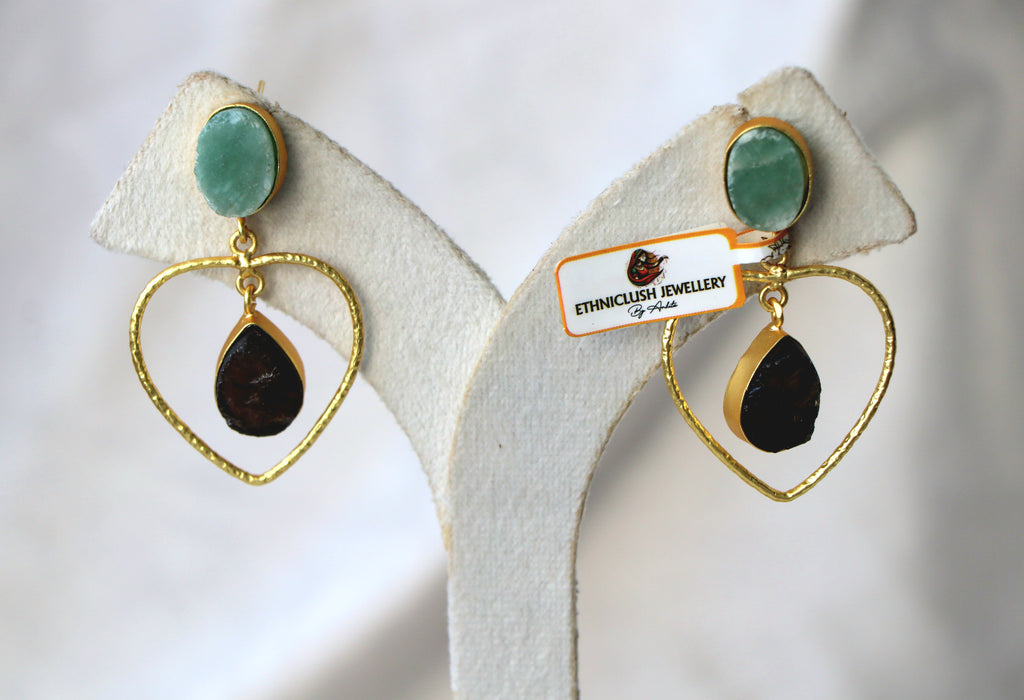 Emerald  Obsidian Heart Drop Earrings