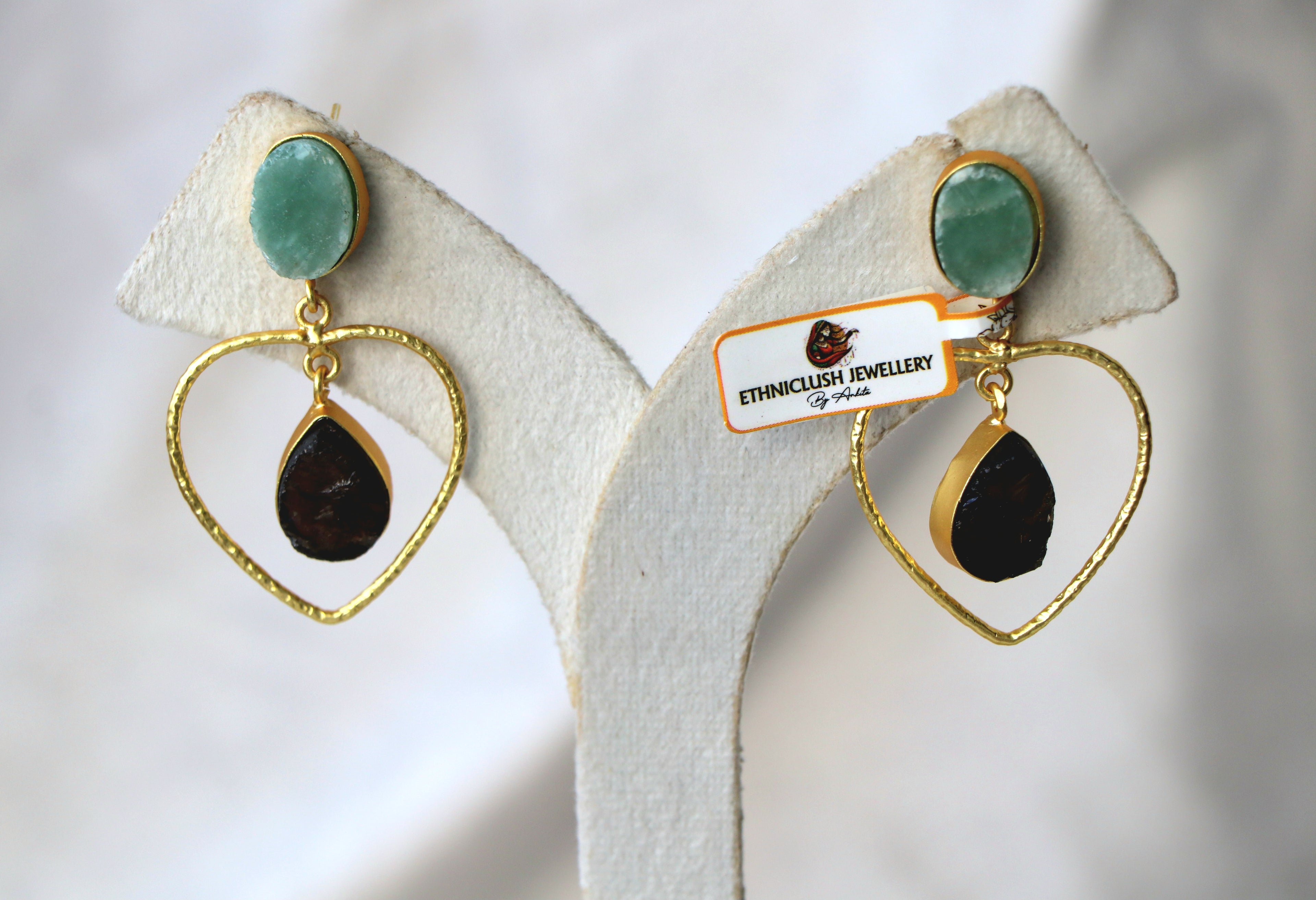 Emerald  Obsidian Heart Drop Earrings