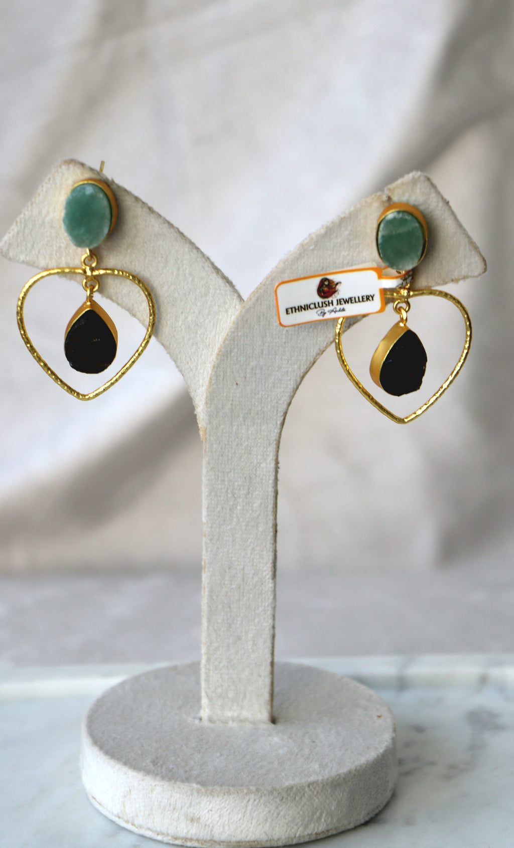 Emerald  Obsidian Heart Drop Earrings