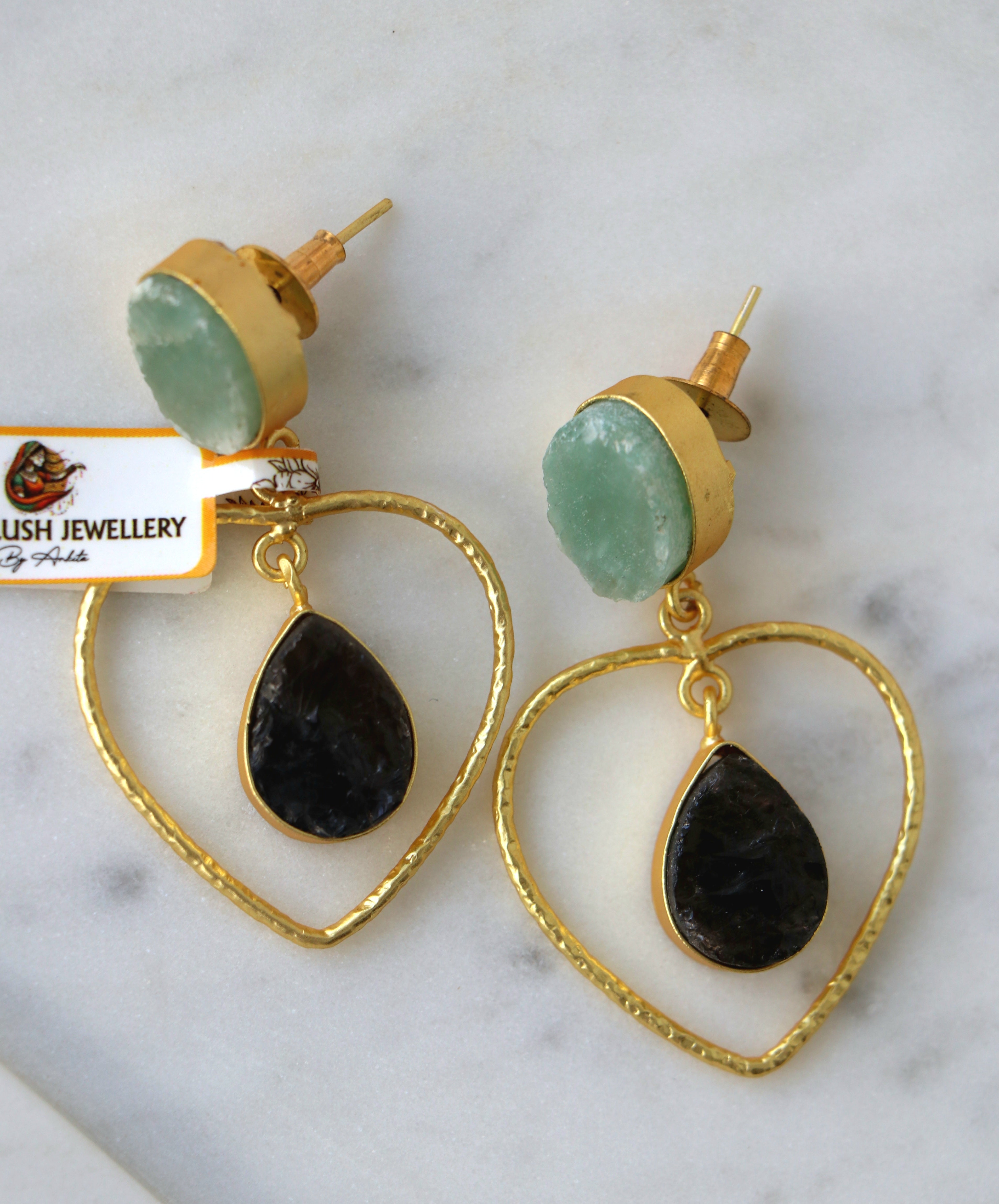 Emerald  Obsidian Heart Drop Earrings