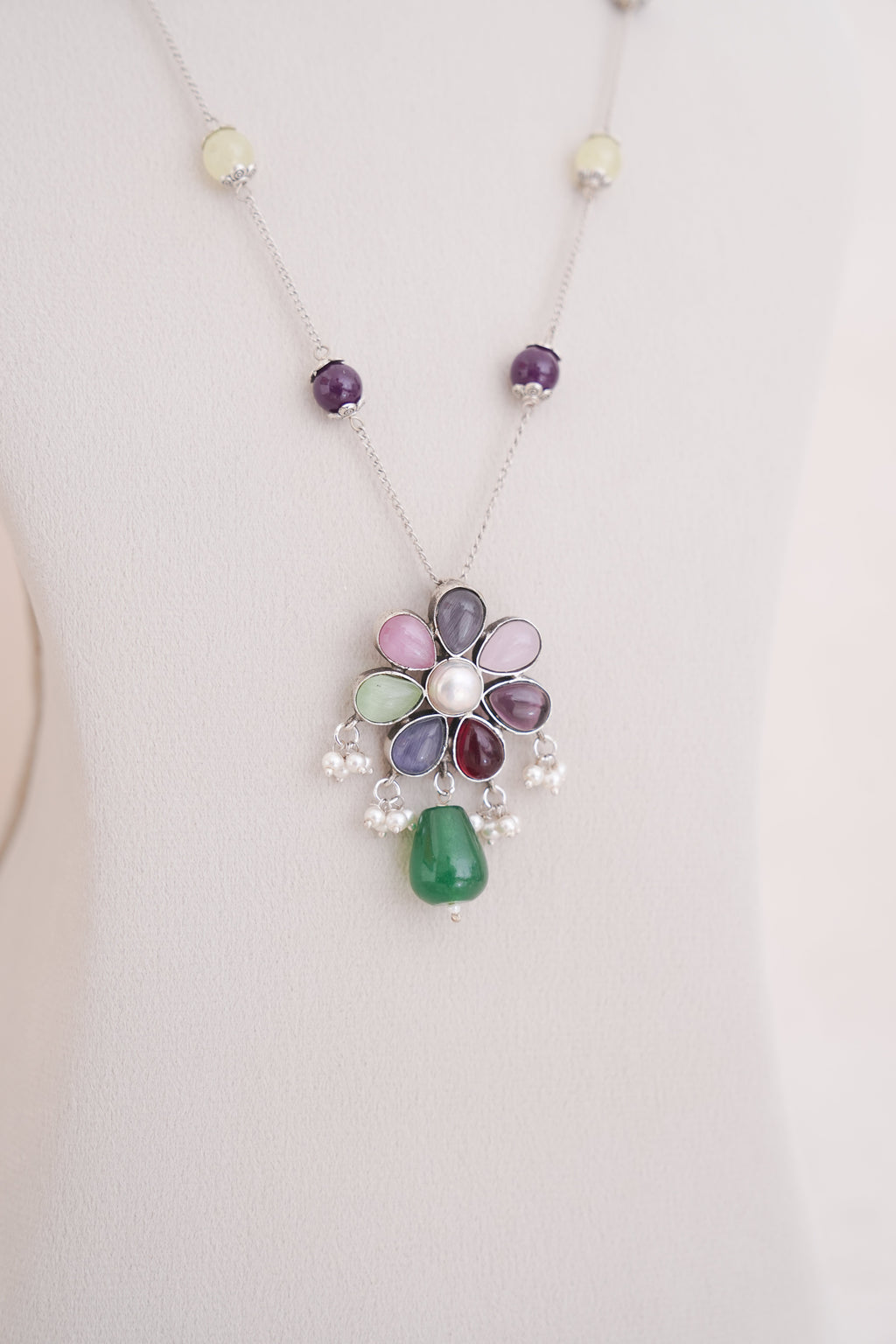 Colorful Natural Stone Silver Station Necklace Set