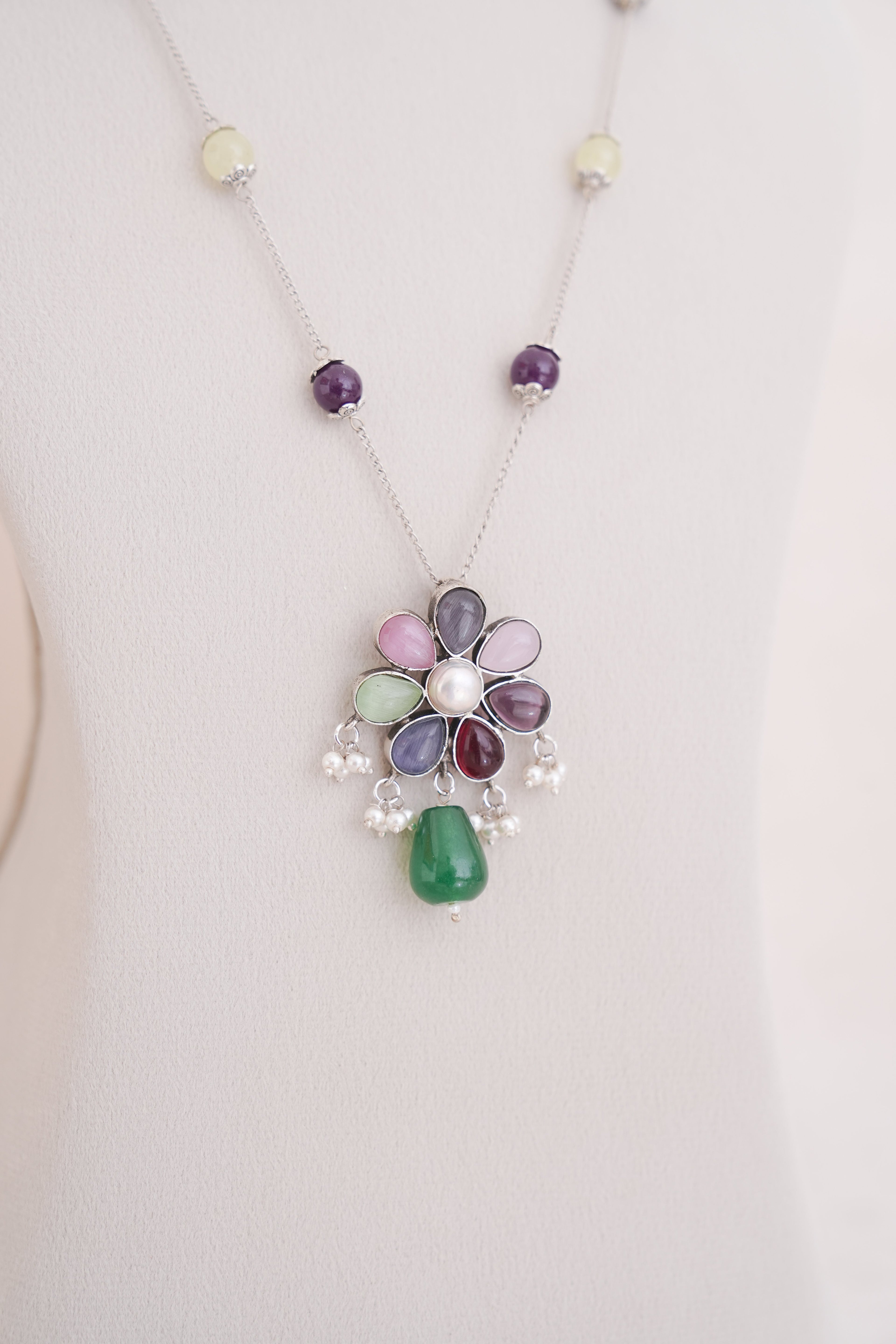 Colorful Natural Stone Silver Station Necklace Set