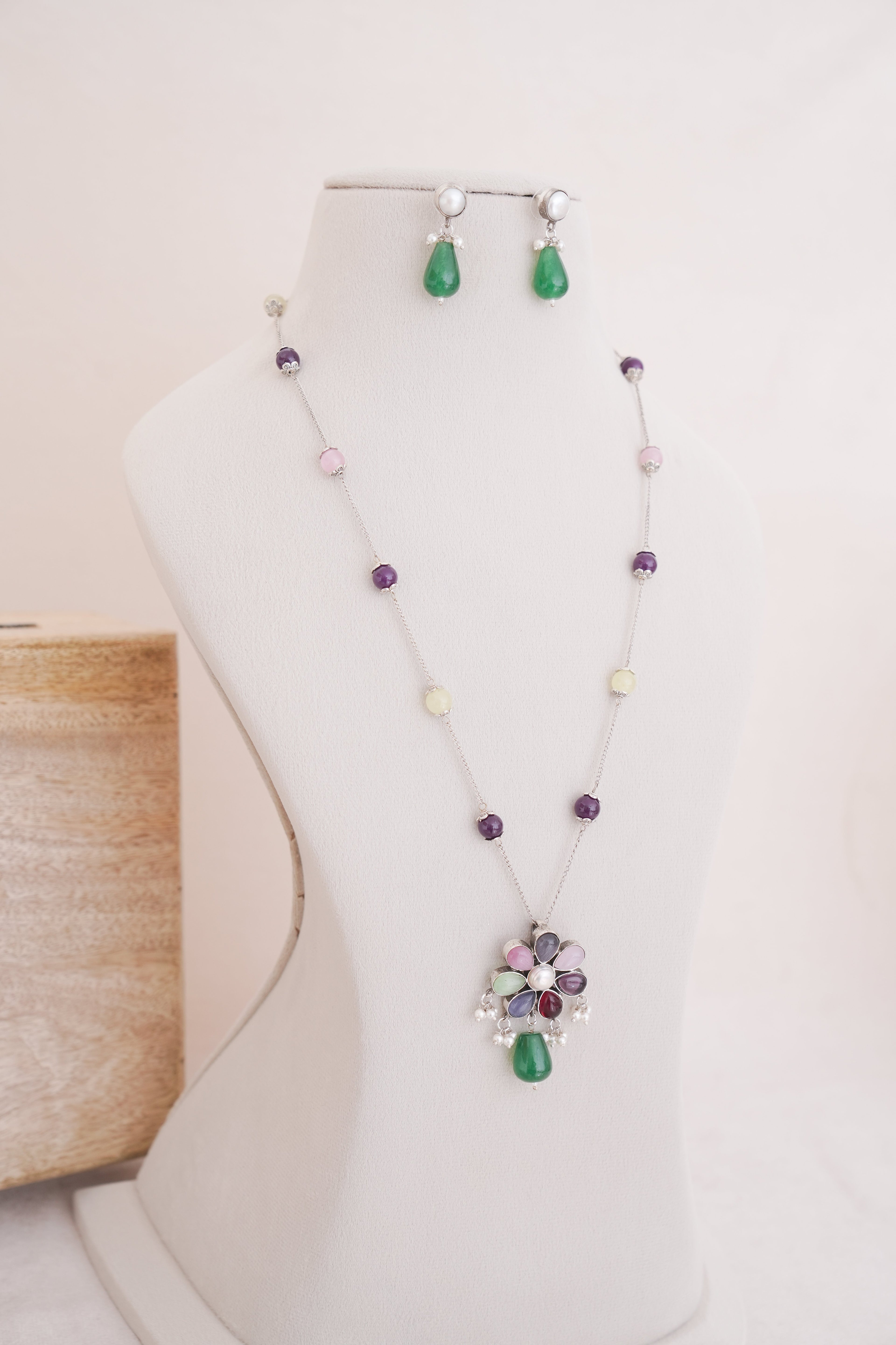Colorful Natural Stone Silver Station Necklace Set
