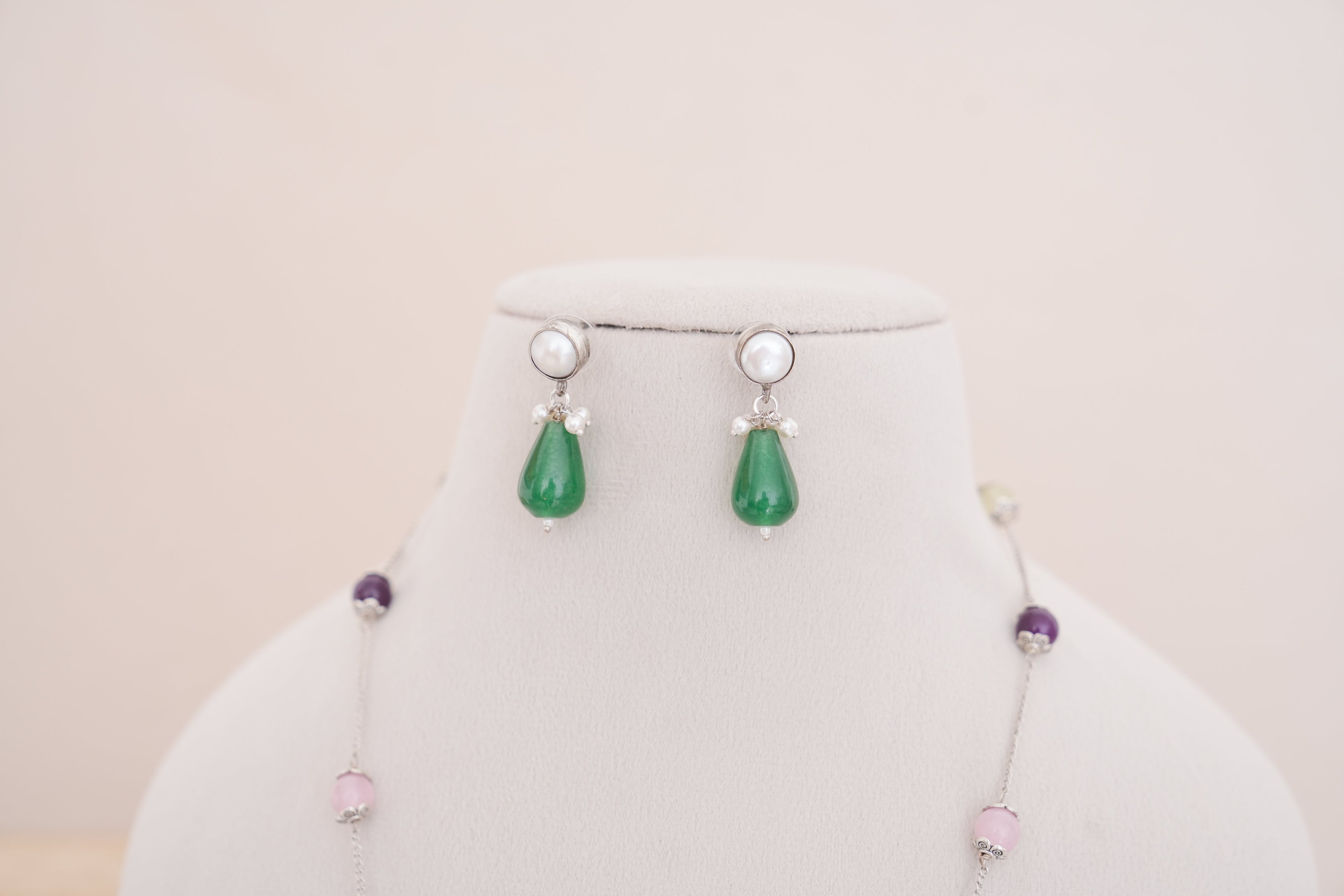 Colorful Natural Stone Silver Station Necklace Set