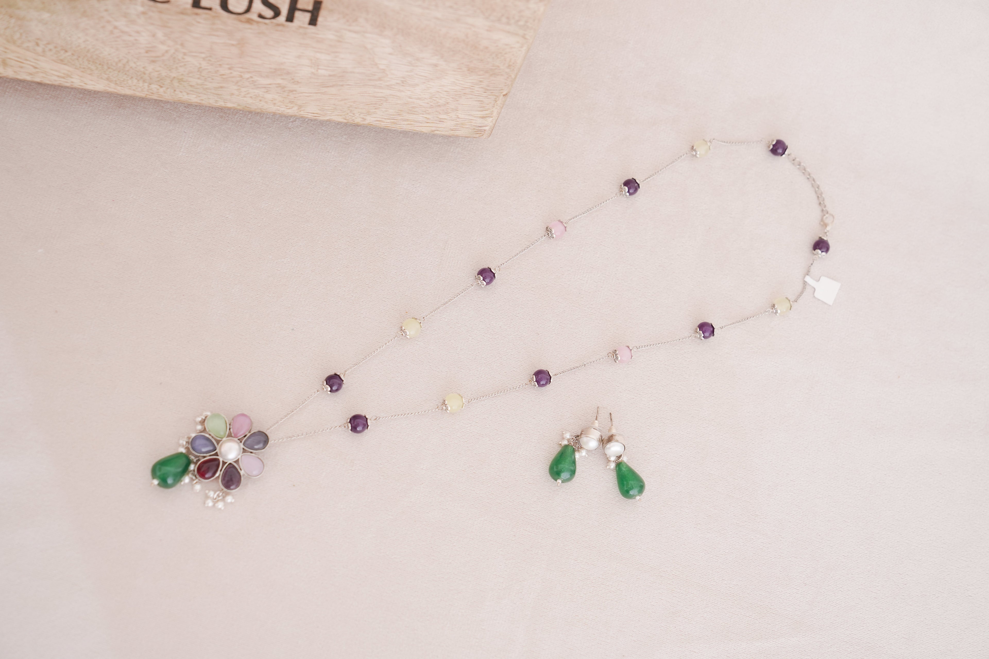 Colorful Natural Stone Silver Station Necklace Set