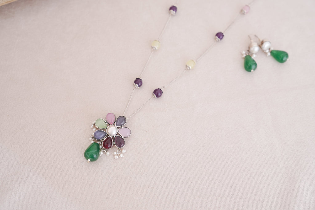 Colorful Natural Stone Silver Station Necklace Set