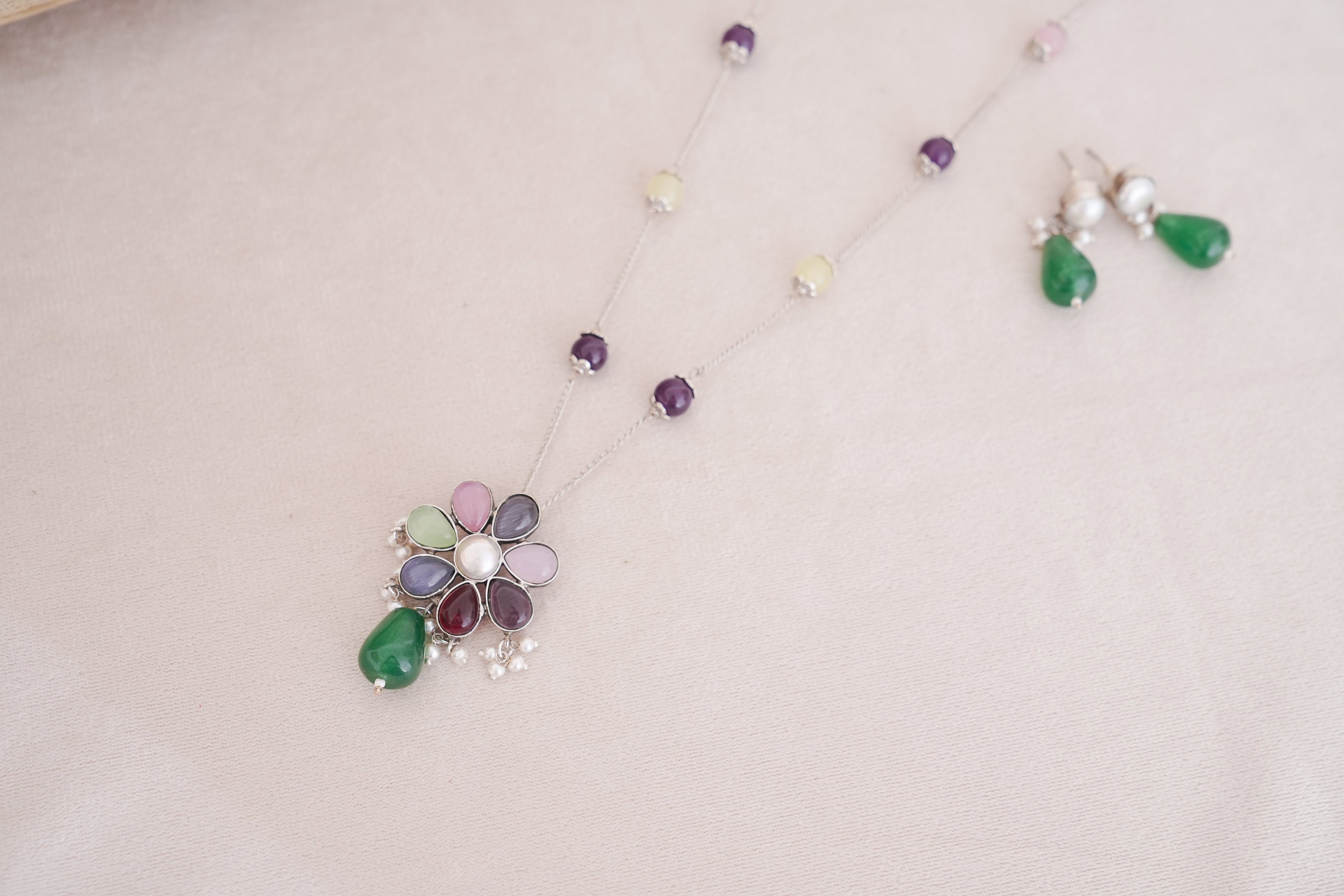 Colorful Natural Stone Silver Station Necklace Set