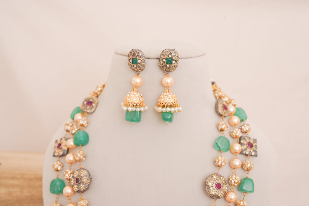Green Chalcedony & Pearl Multi Strand Necklace Set
