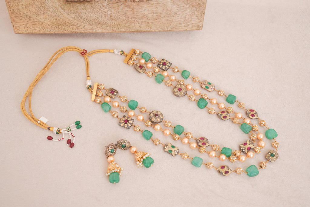Green Chalcedony & Pearl Multi Strand Necklace Set