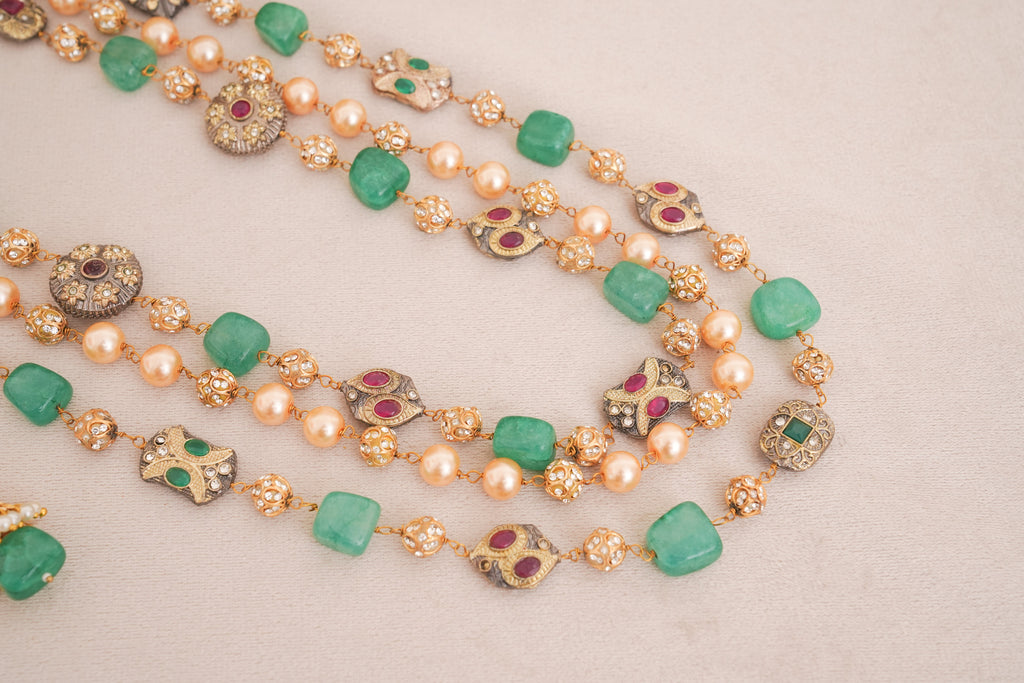 Green Chalcedony & Pearl Multi Strand Necklace Set