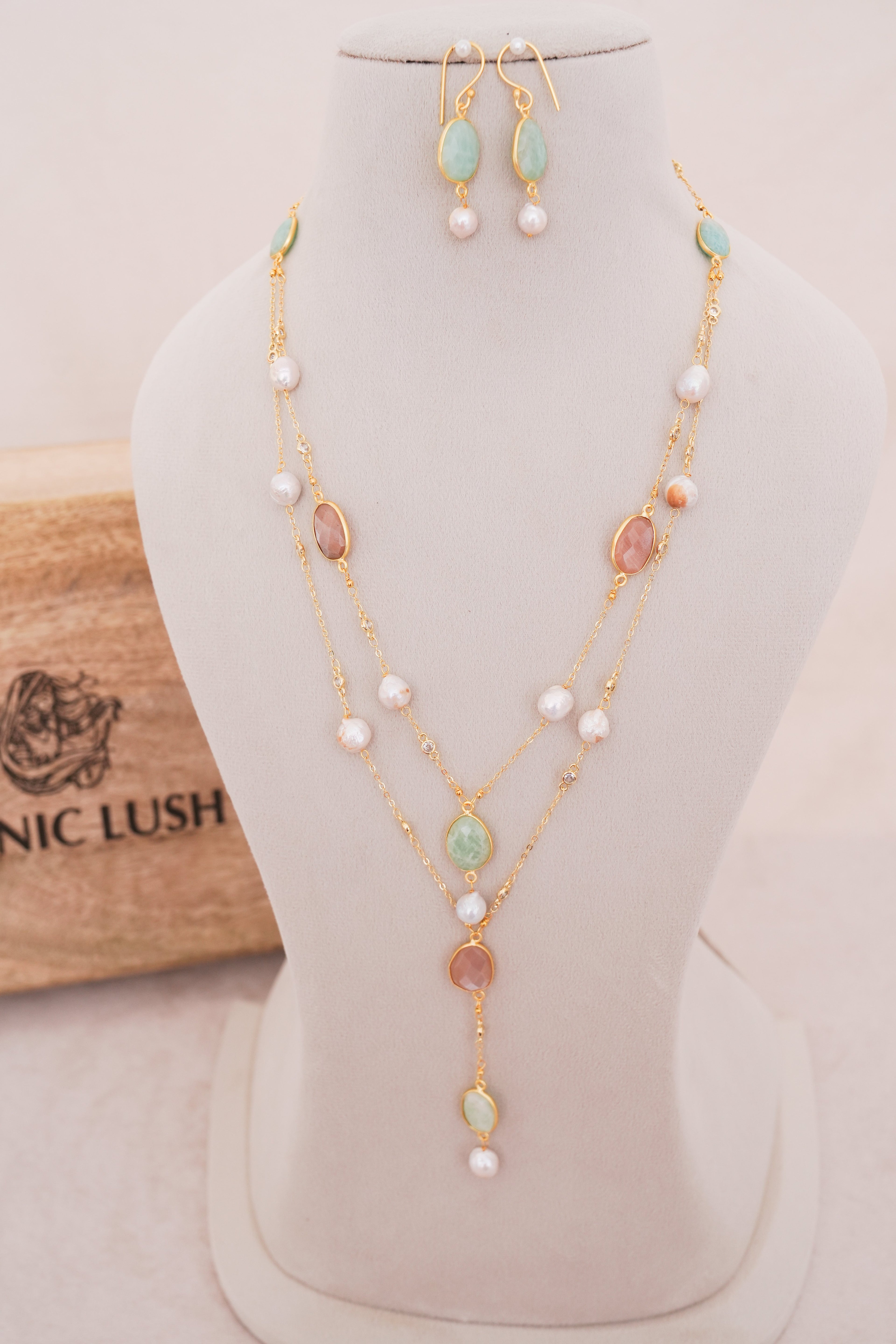 Boho Pastel Gemstone Layered Necklace with Earrings
