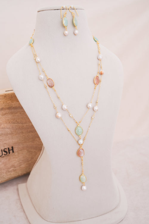 Boho Pastel Gemstone Layered Necklace with Earrings