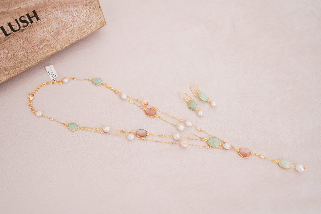 Boho Pastel Gemstone Layered Necklace with Earrings