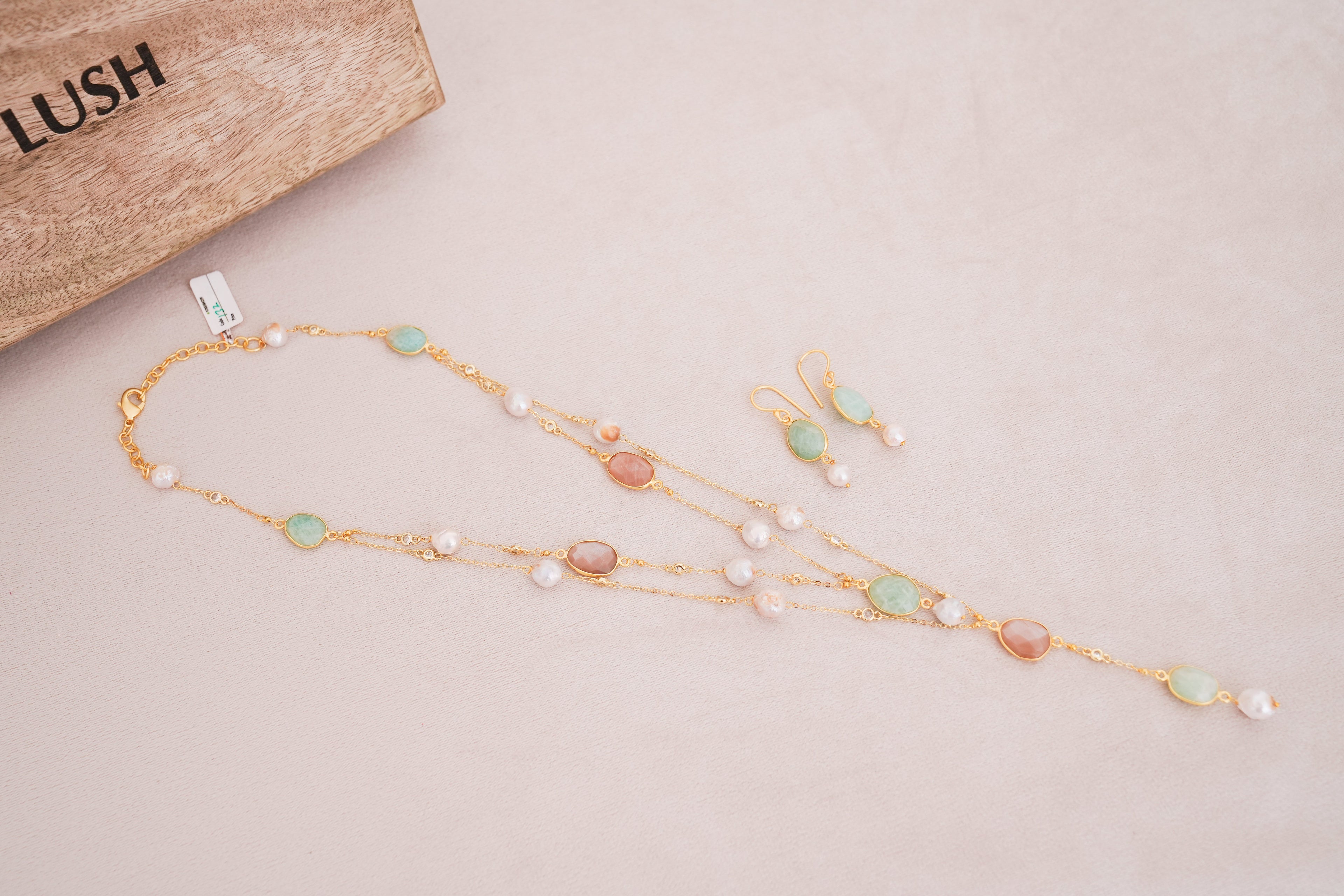 Boho Pastel Gemstone Layered Necklace with Earrings