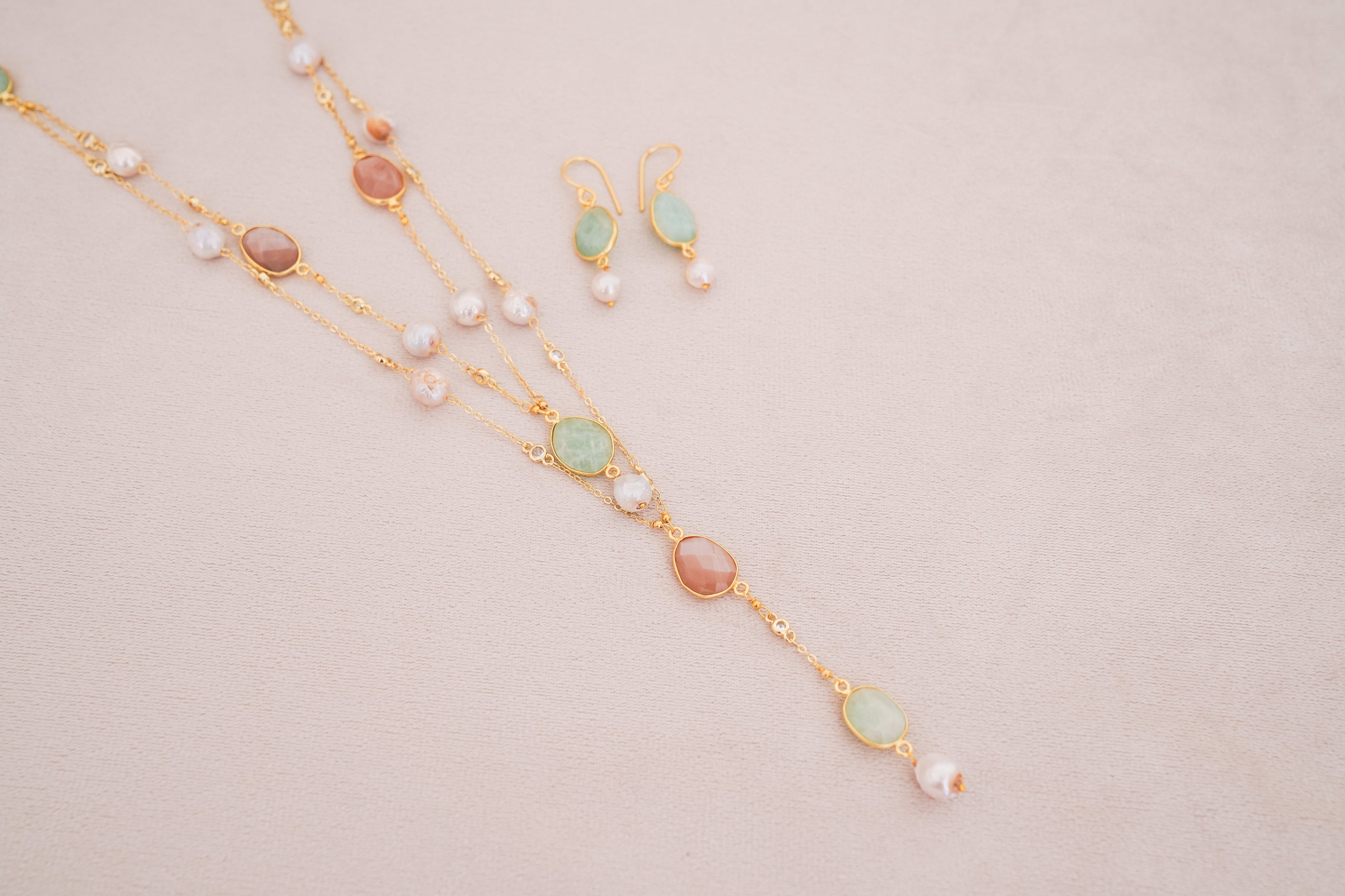 Boho Pastel Gemstone Layered Necklace with Earrings
