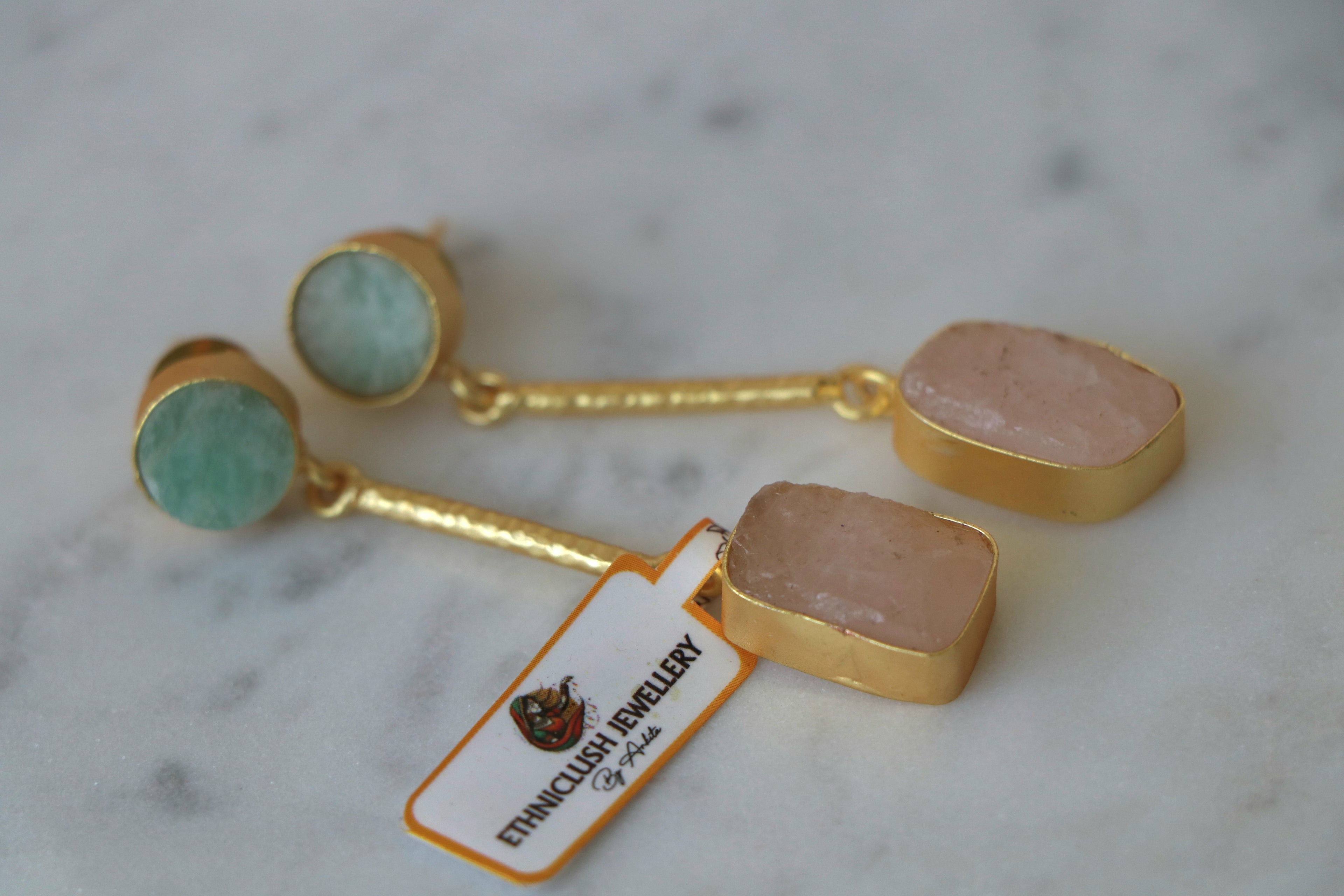 Aquamarine Rose Quartz Duet Earrings