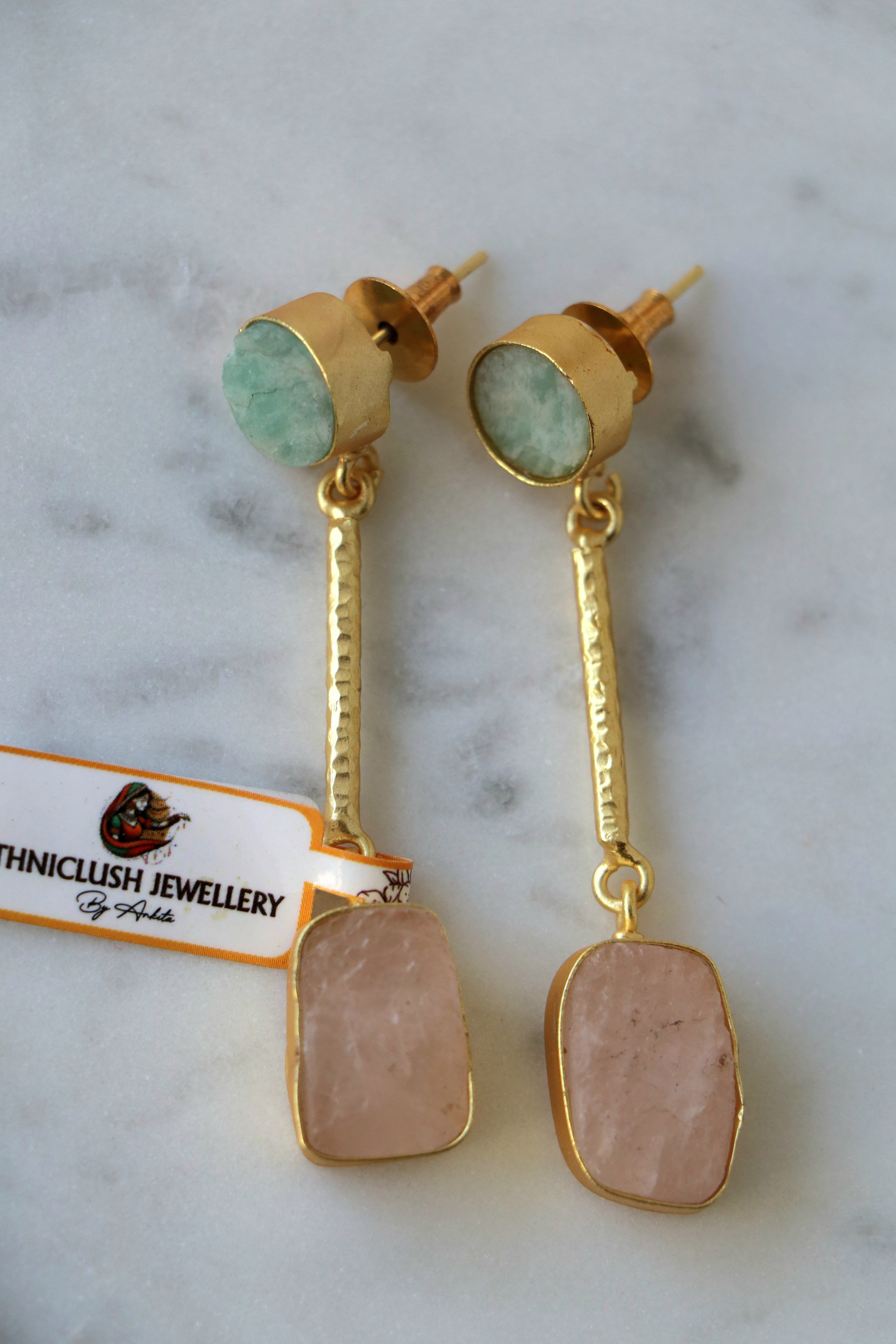 Aquamarine Rose Quartz Duet Earrings