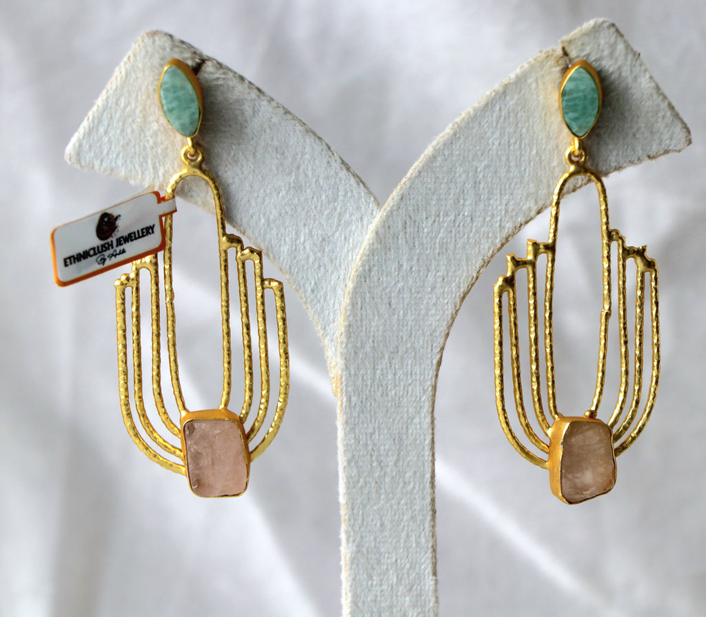 Emerald  Rose Quartz Fan Earrings