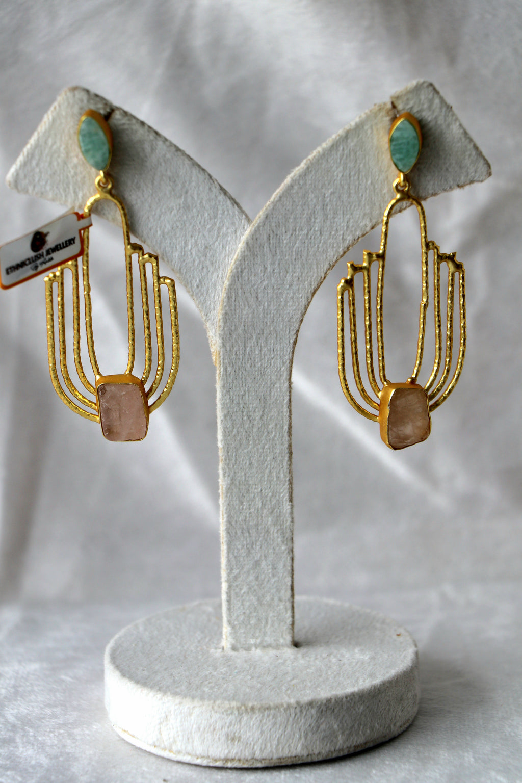 Emerald  Rose Quartz Fan Earrings