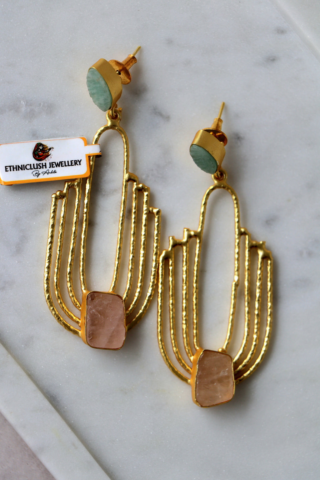 Emerald  Rose Quartz Fan Earrings