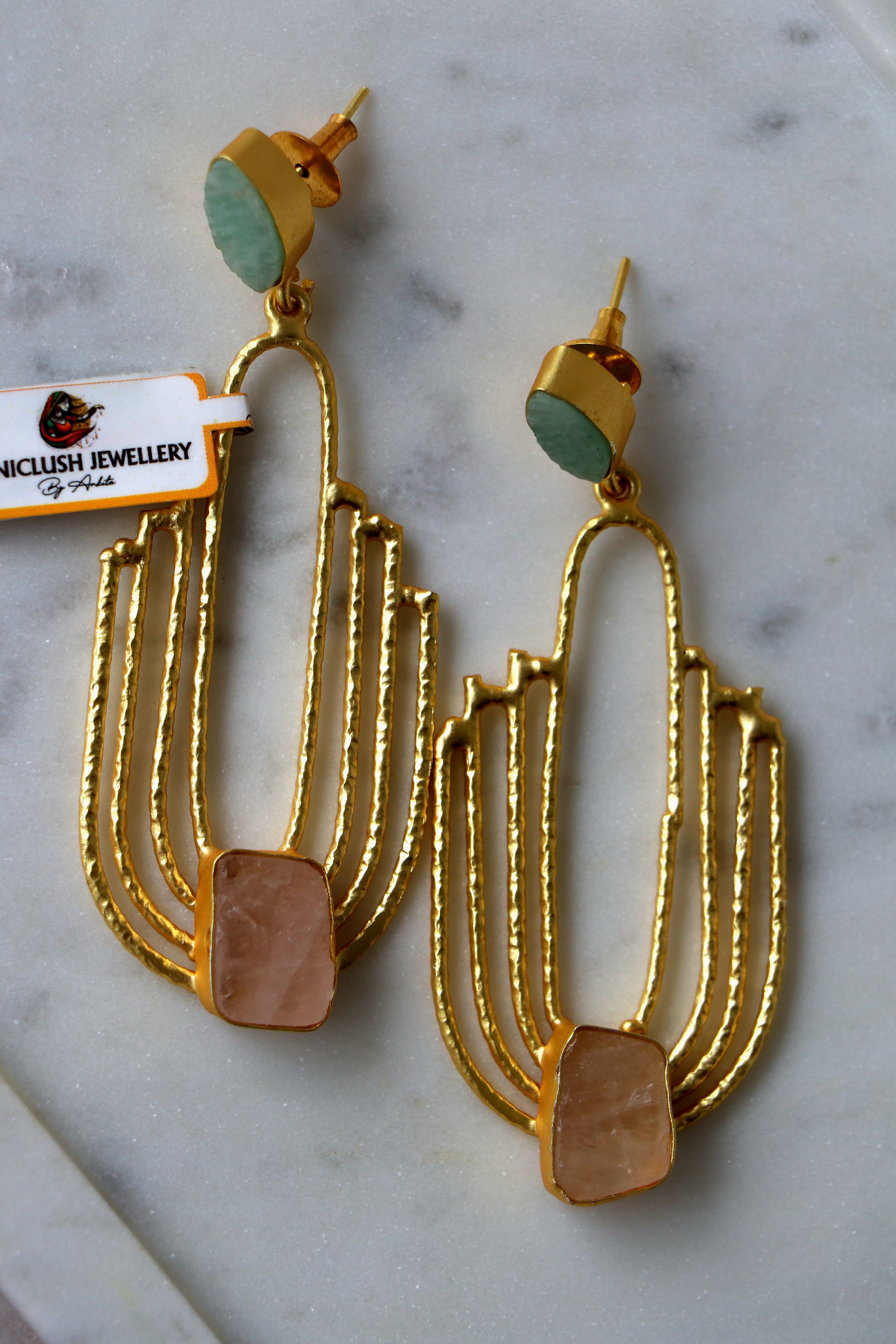 Emerald  Rose Quartz Fan Earrings