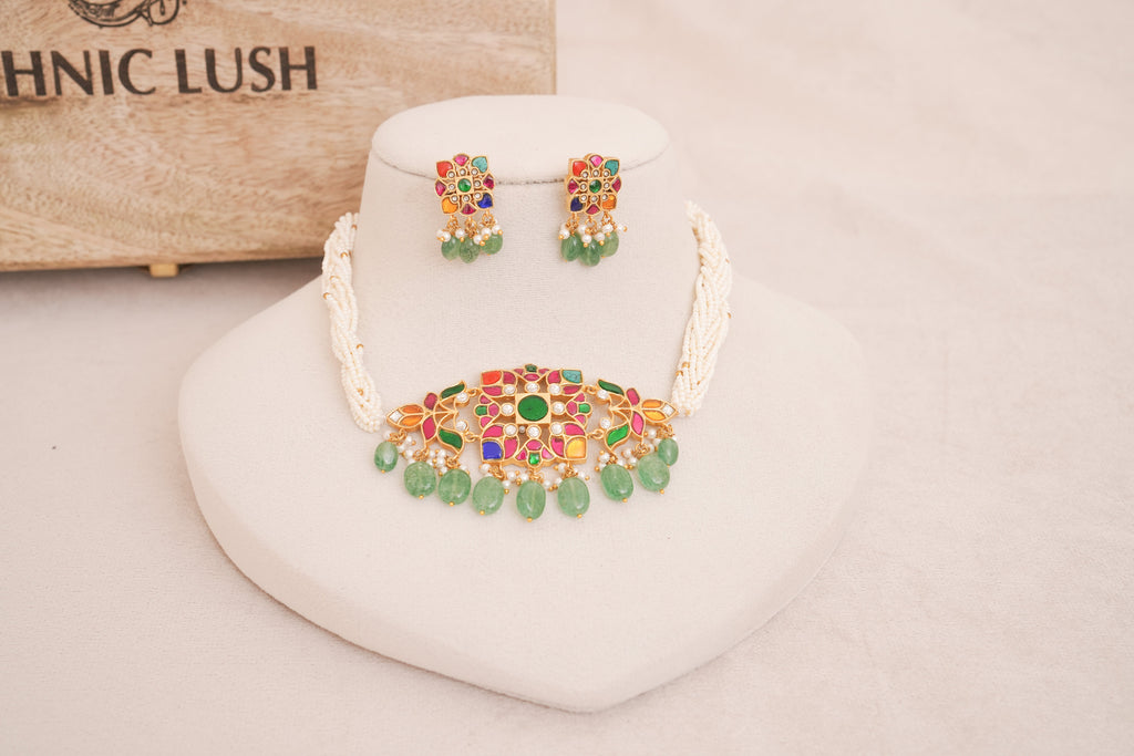 Navratan Jadau Kundan Pearl String Necklace Set