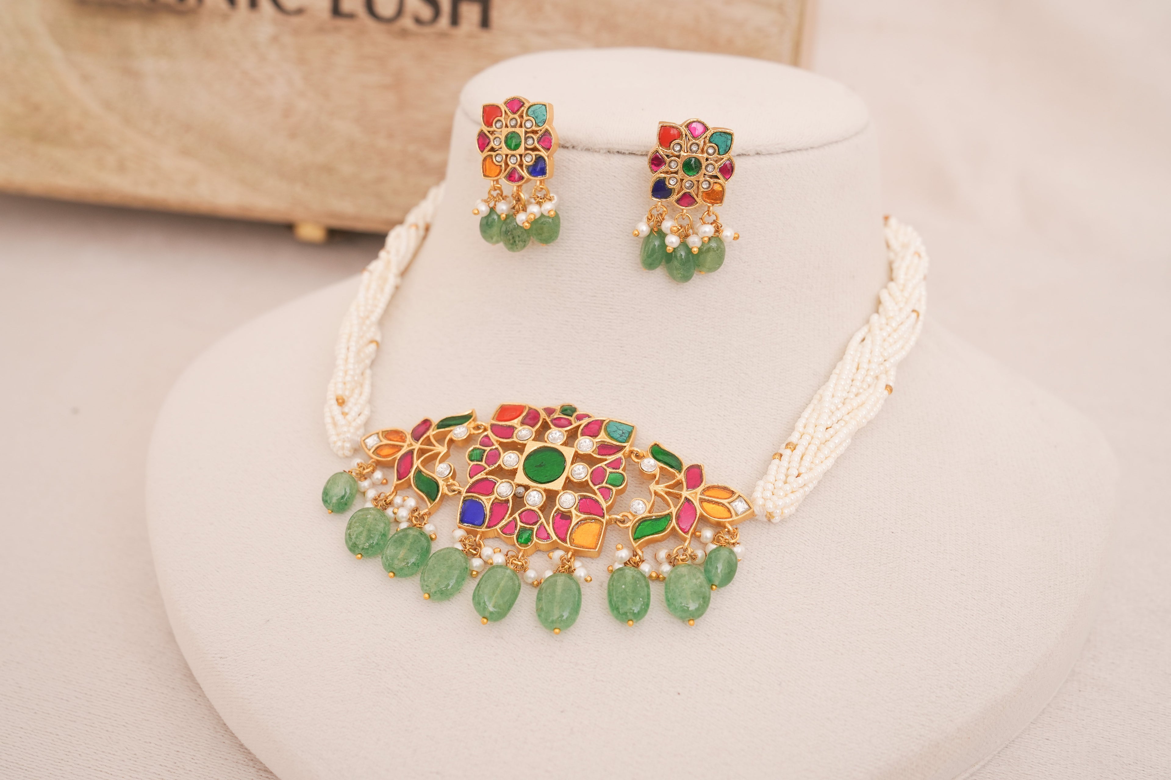 Navratan Jadau Kundan Pearl String Necklace Set