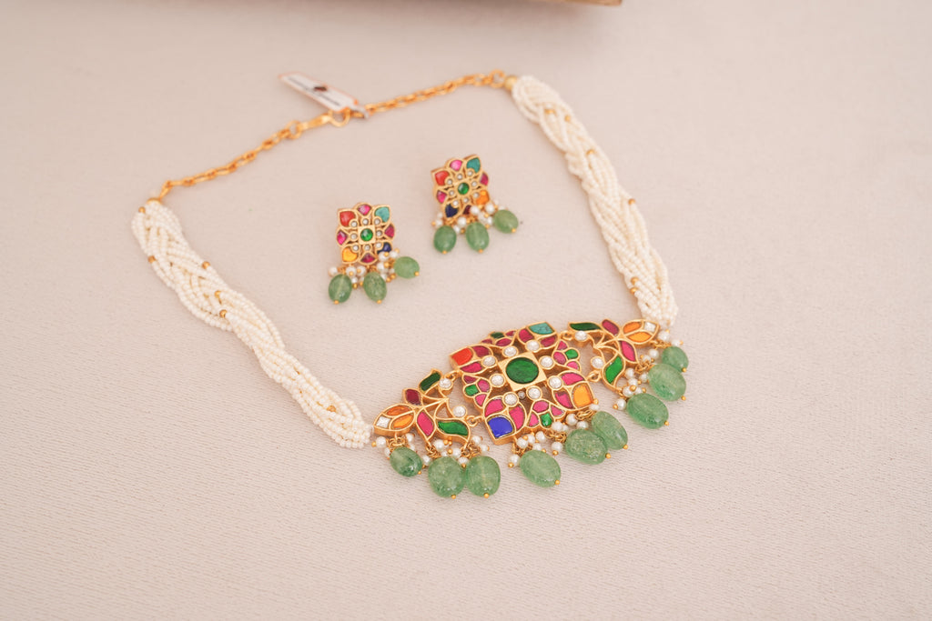 Navratan Jadau Kundan Pearl String Necklace Set