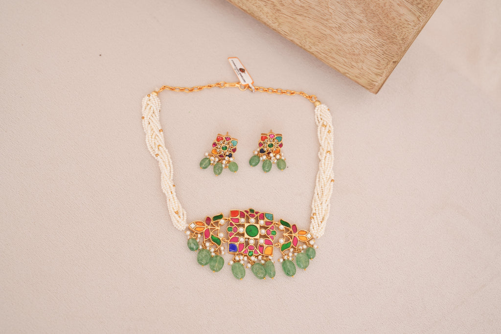 Navratan Jadau Kundan Pearl String Necklace Set