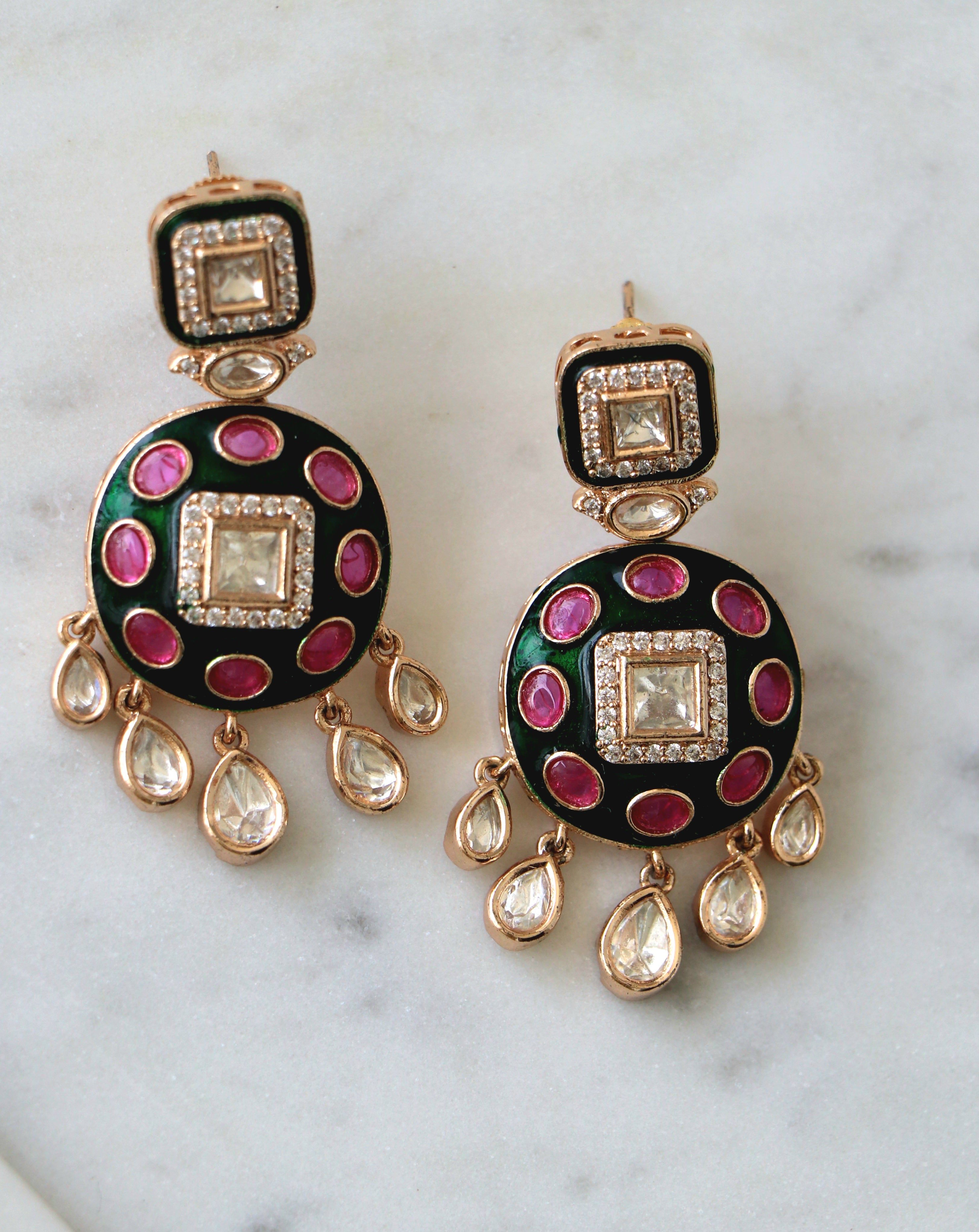 Emerald  Ruby Enamel Cascade Earrings