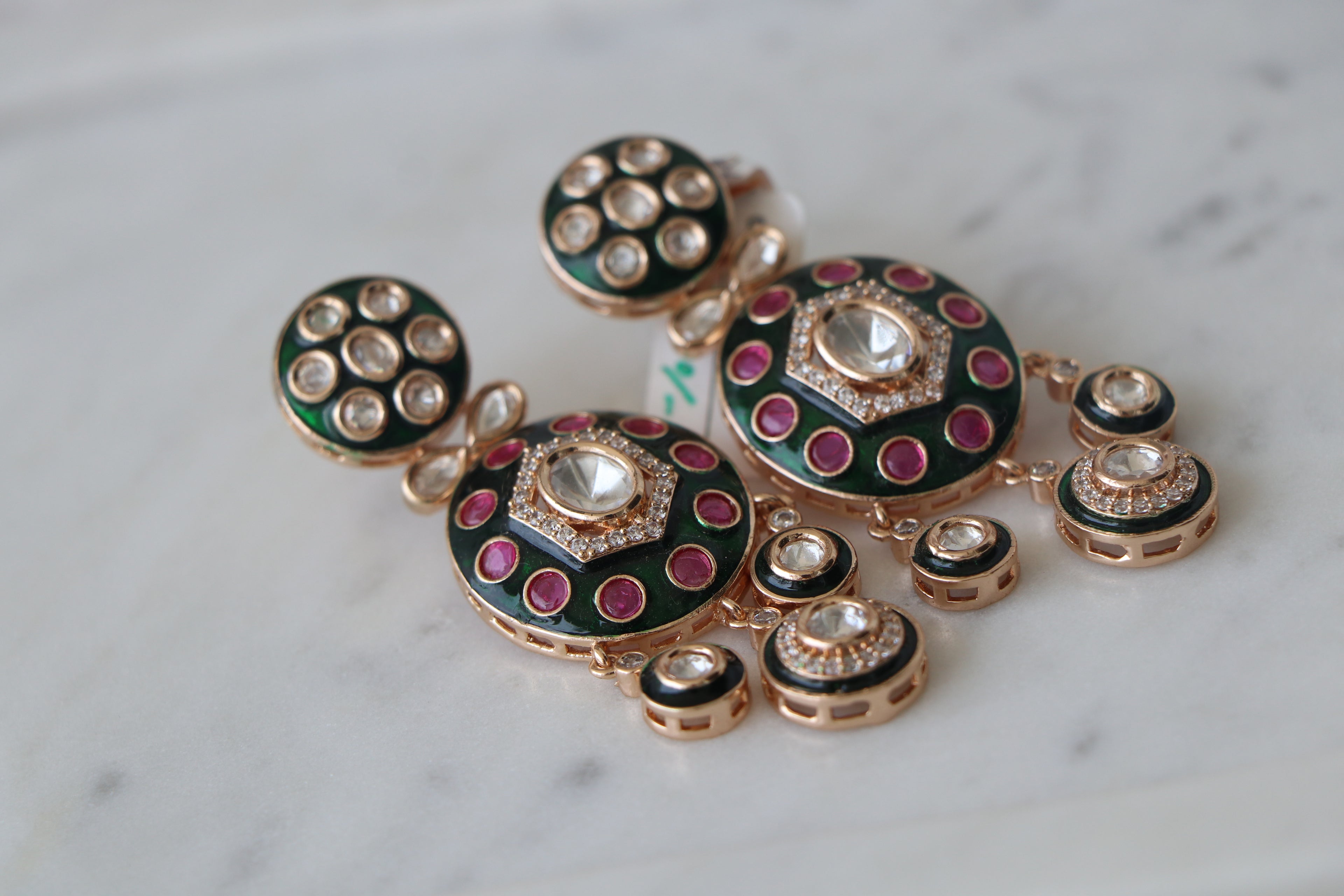 Enamel Emerald Ruby hued Cascade Earrings