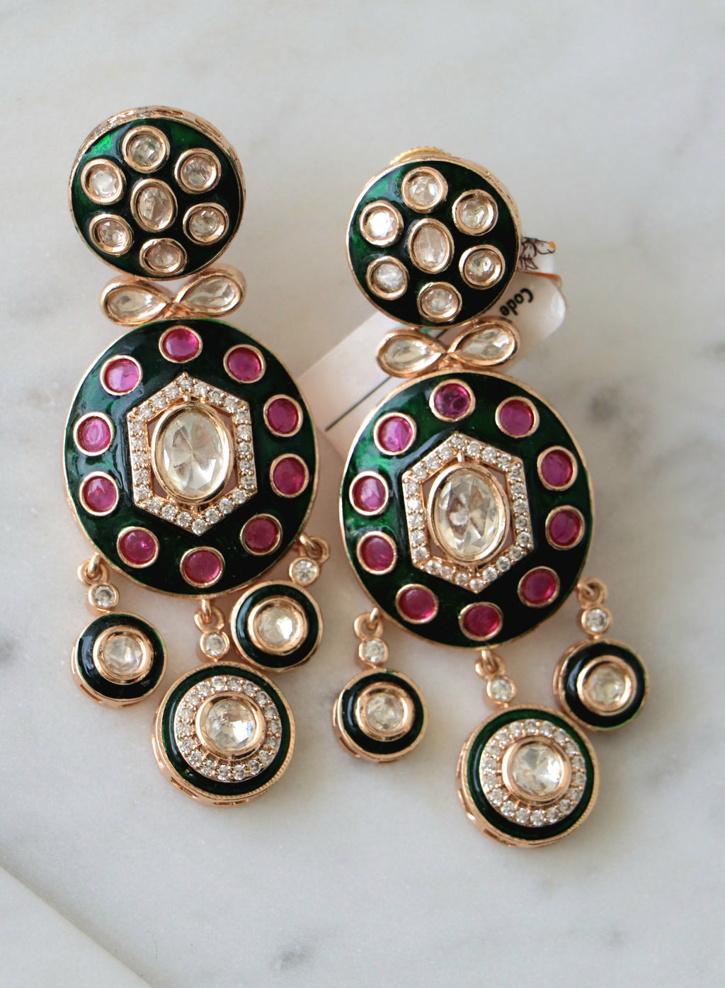 Enamel Emerald Ruby hued Cascade Earrings