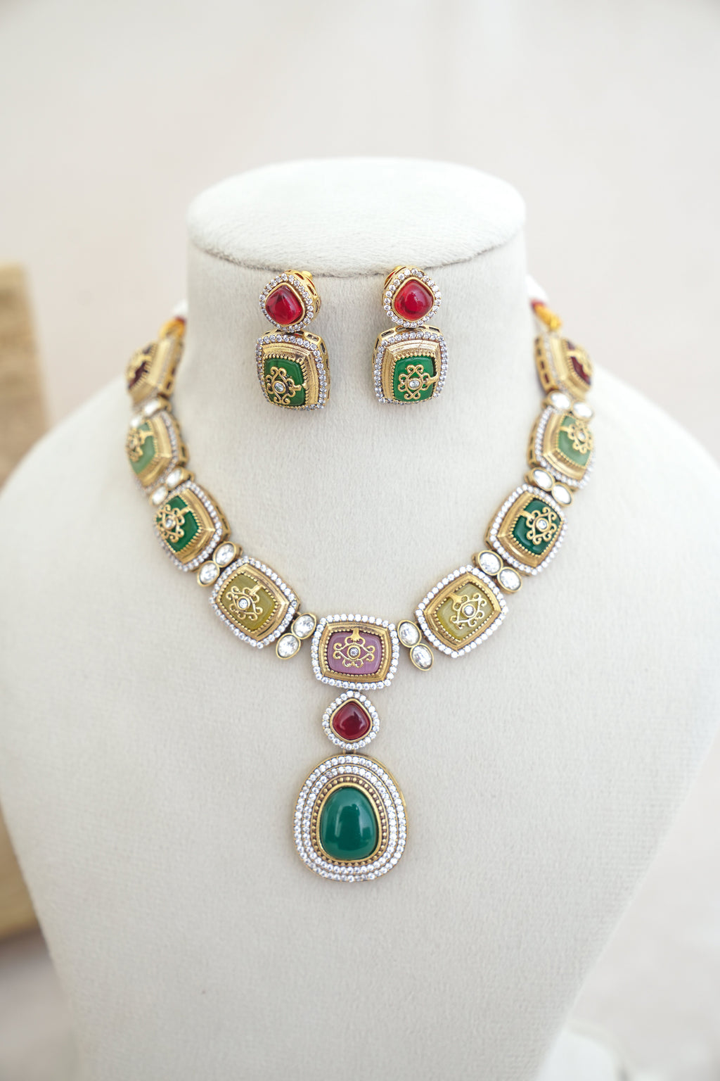 Emerald  Ruby Cascade Necklace Set