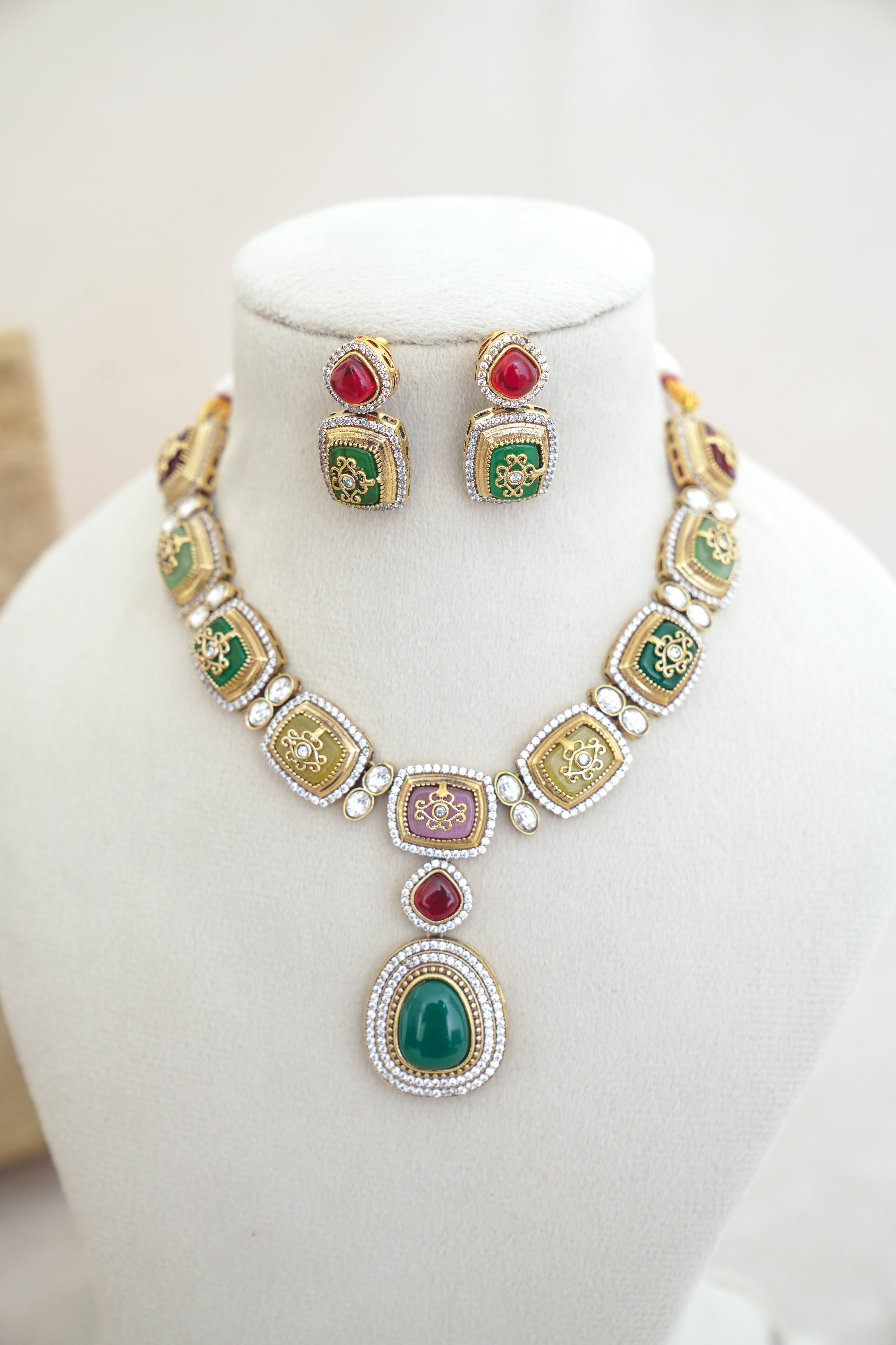 Emerald  Ruby Cascade Necklace Set