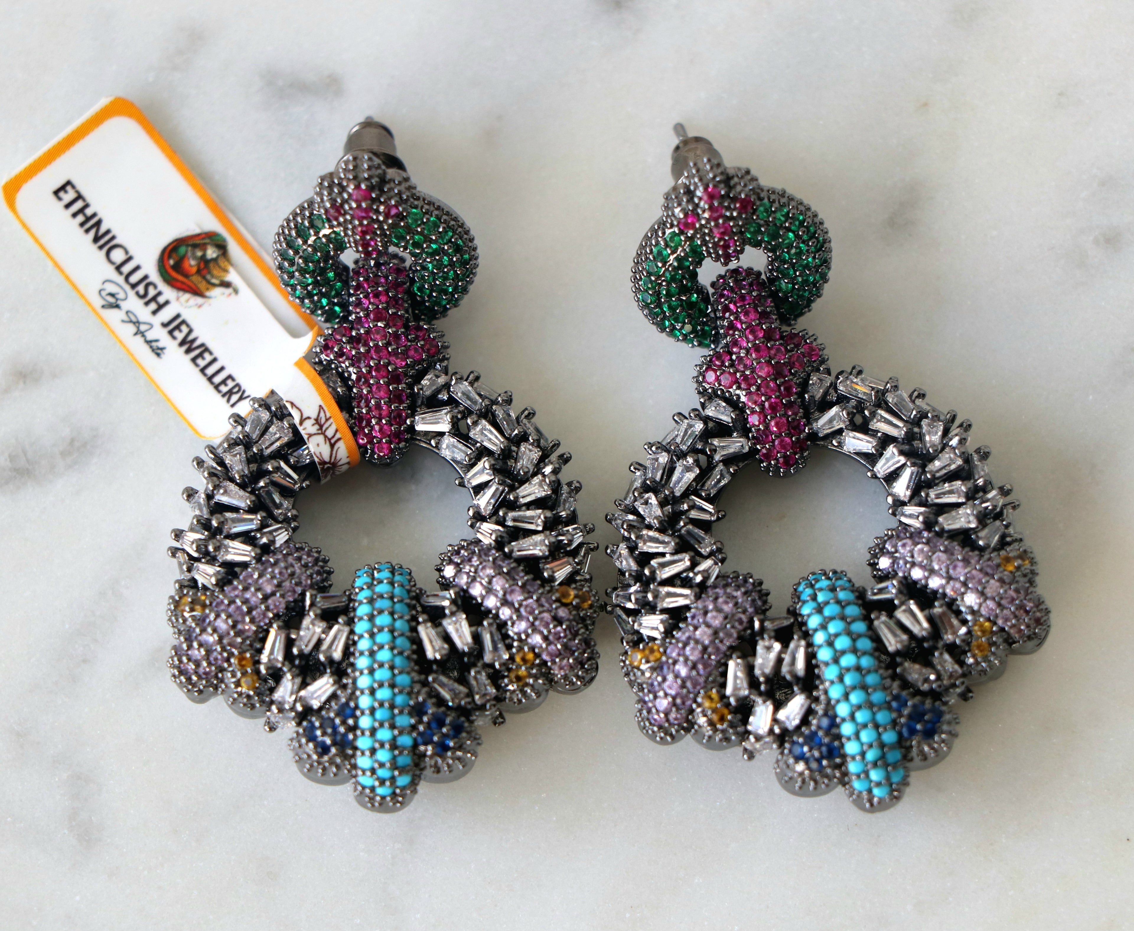 Emerald Ruby Crown Cascade Earrings