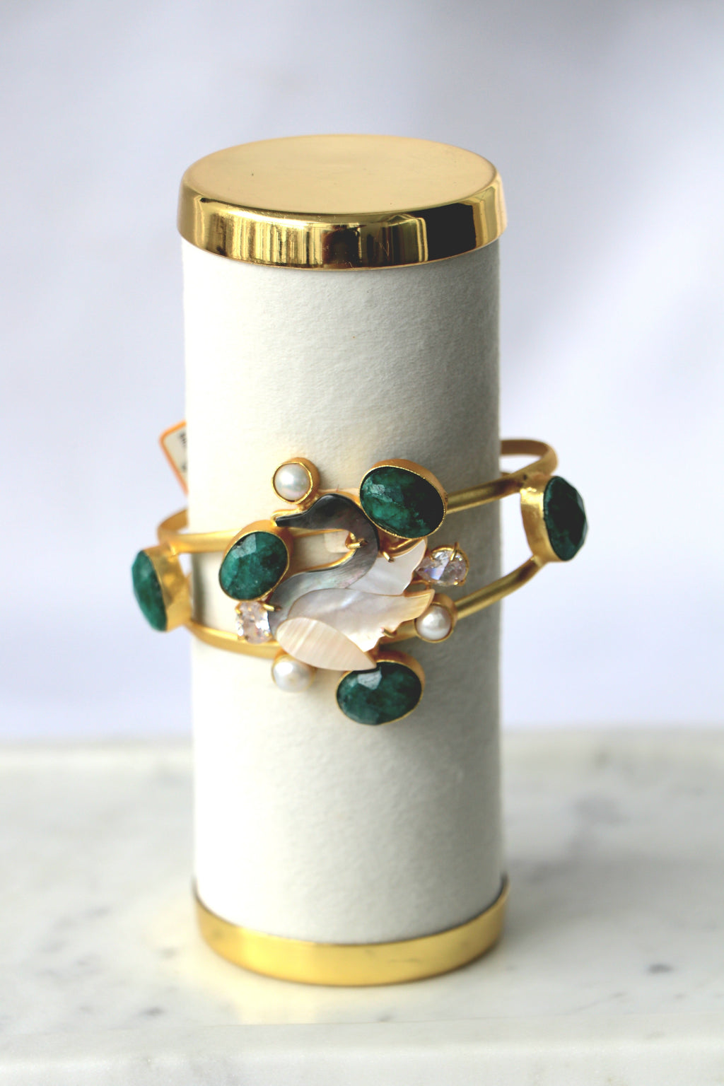 Emerald Moonstone Swan Open Cuff Bracelet