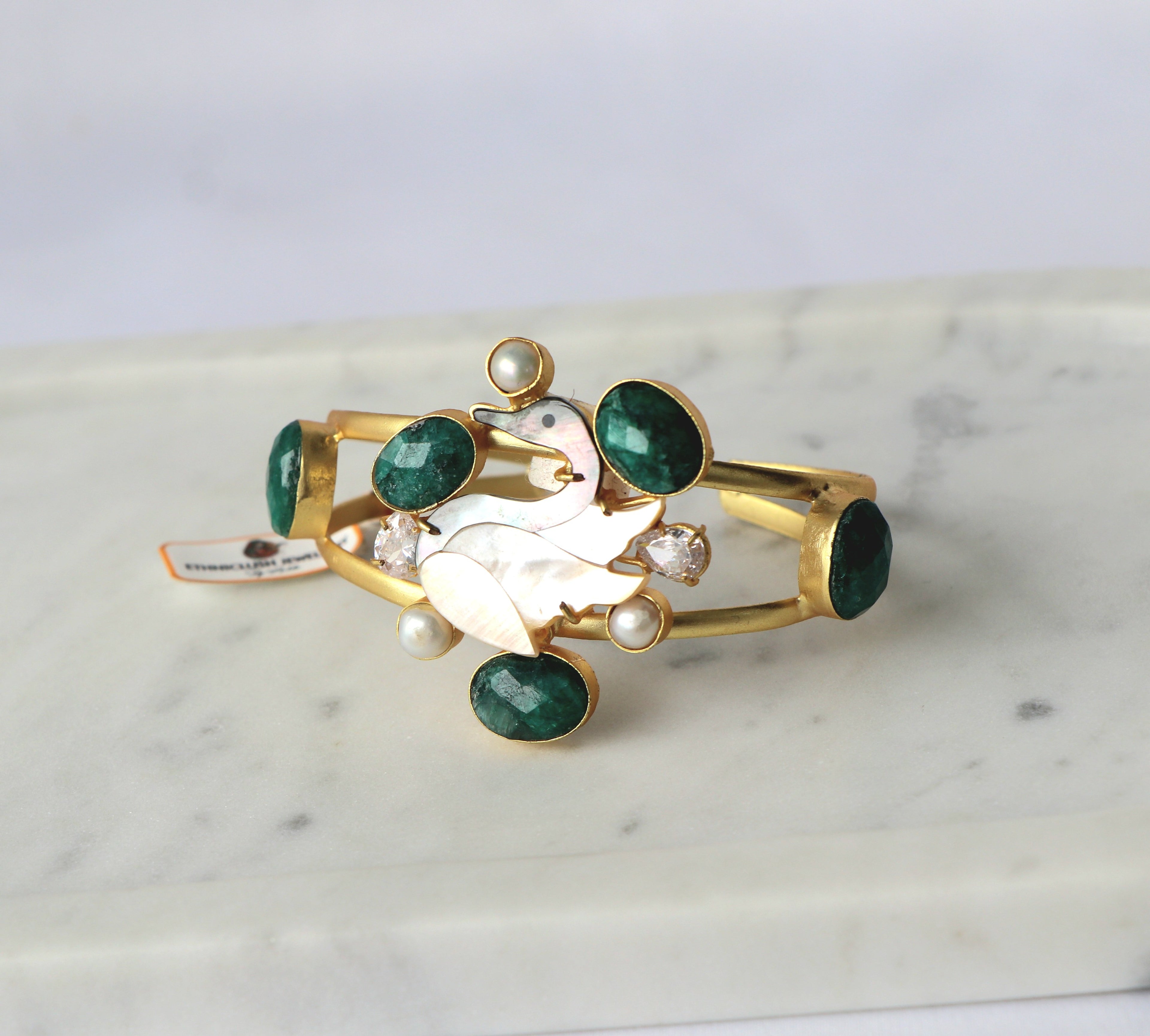 Emerald Moonstone Swan Open Cuff Bracelet