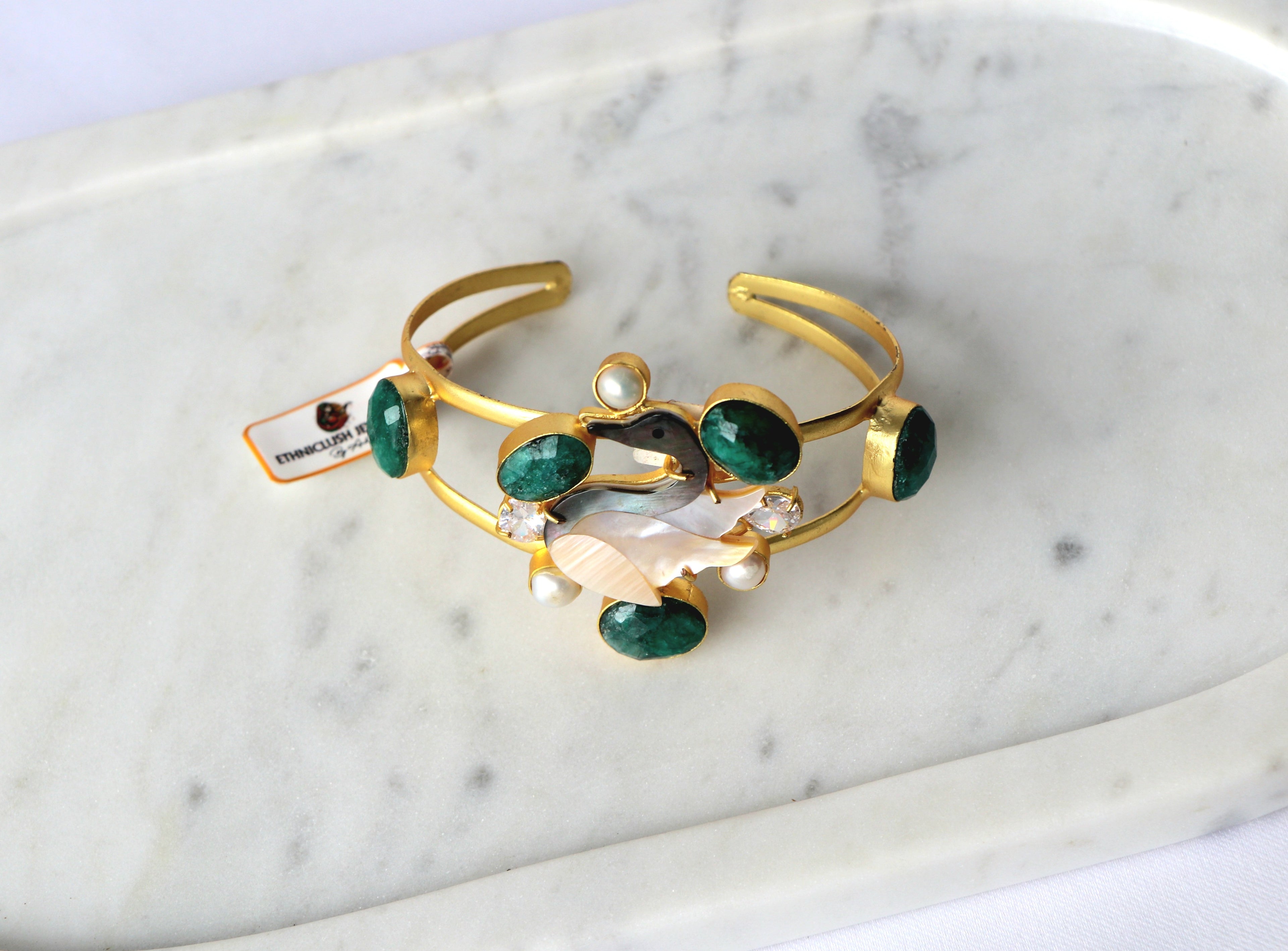 Emerald Moonstone Swan Open Cuff Bracelet