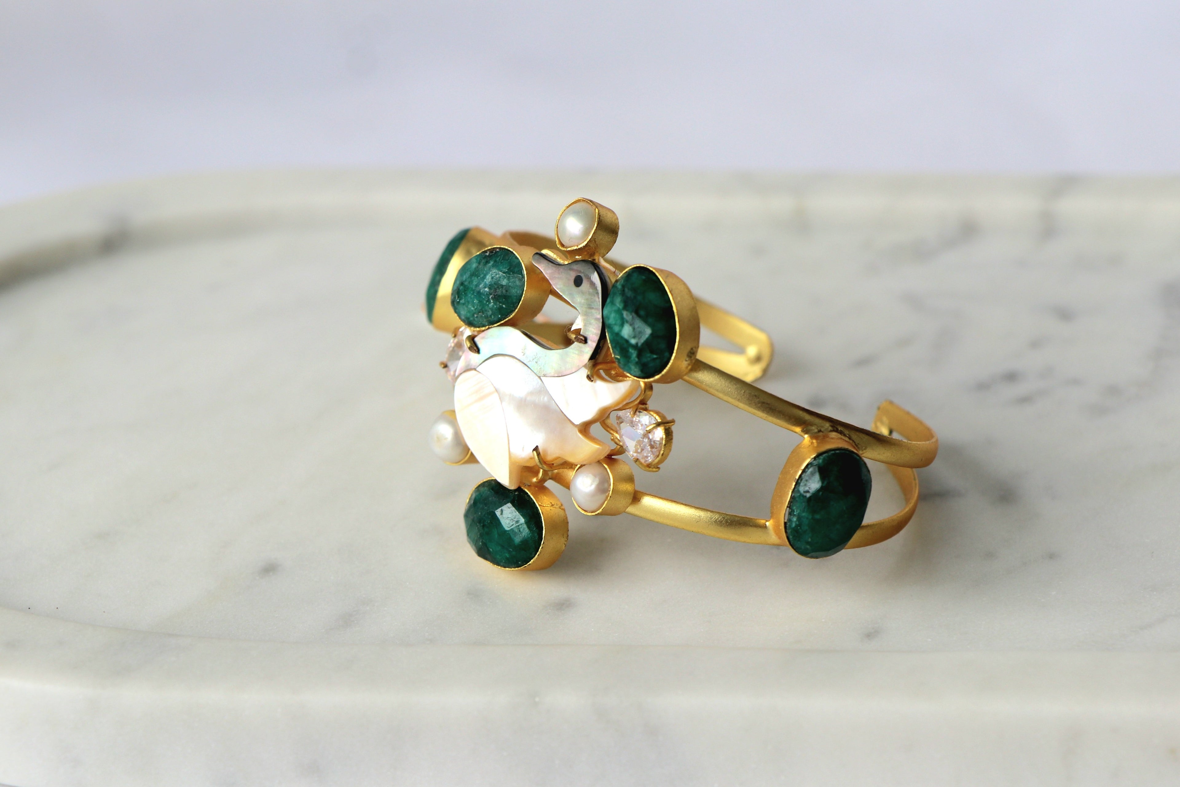 Emerald Moonstone Swan Open Cuff Bracelet